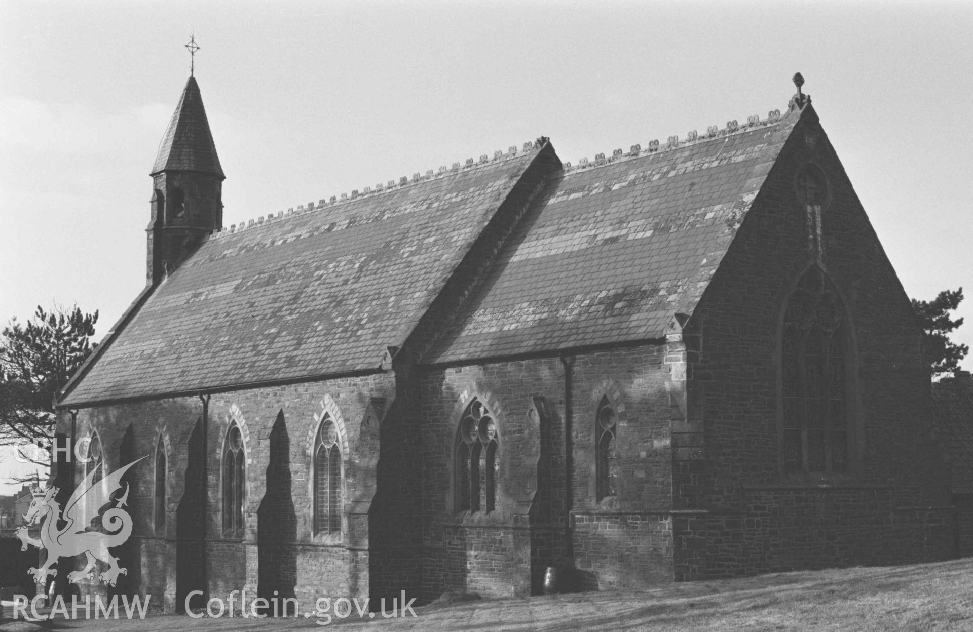 Digital copy of a black and white negative showing St Matthew's Parish Church, Borth. Photographed by Arthur Chater on 2 January 1969. Looking north west from Grid Reference SN 6122 8974.