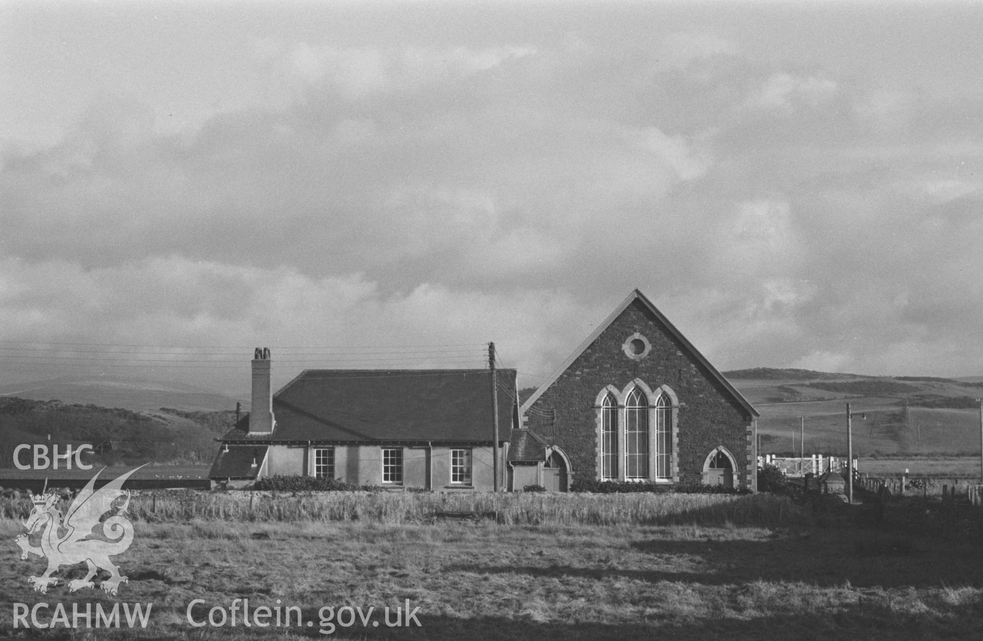 Digital copy of a black and white negative showing Capel Soar from the National School House, Borth. Photographed by Arthur Chater on 2 January 1969. Looking east from Grid Reference SN 6085 8948.