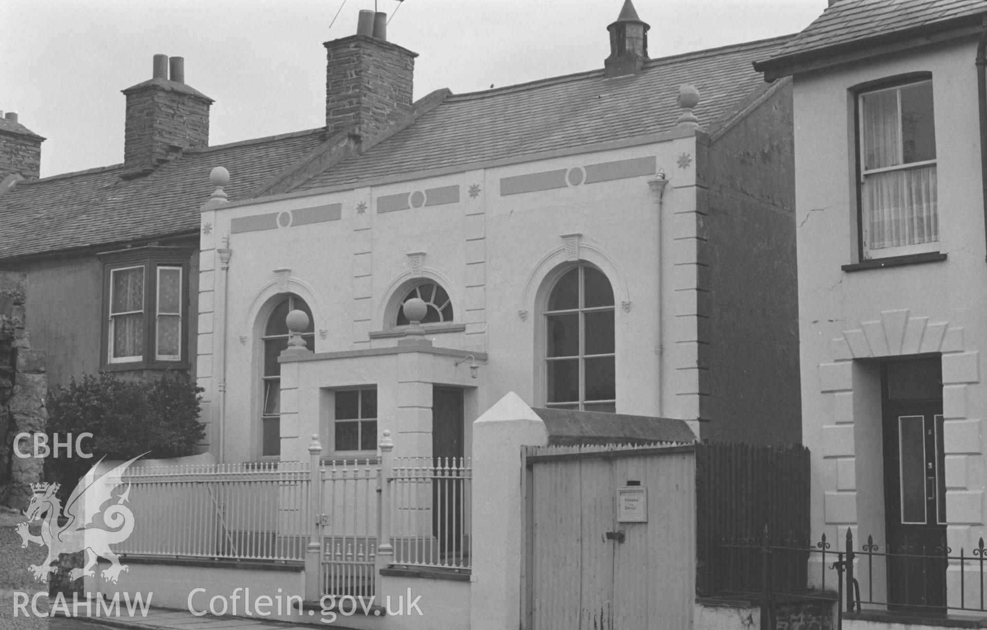 Digital copy of a black and white negative showing chapel in Poplar Row, opposite Skinners Street. Photographed by Arthur Chater on 3 January 1969. Looking east from Grid Reference SN 5869 8175.