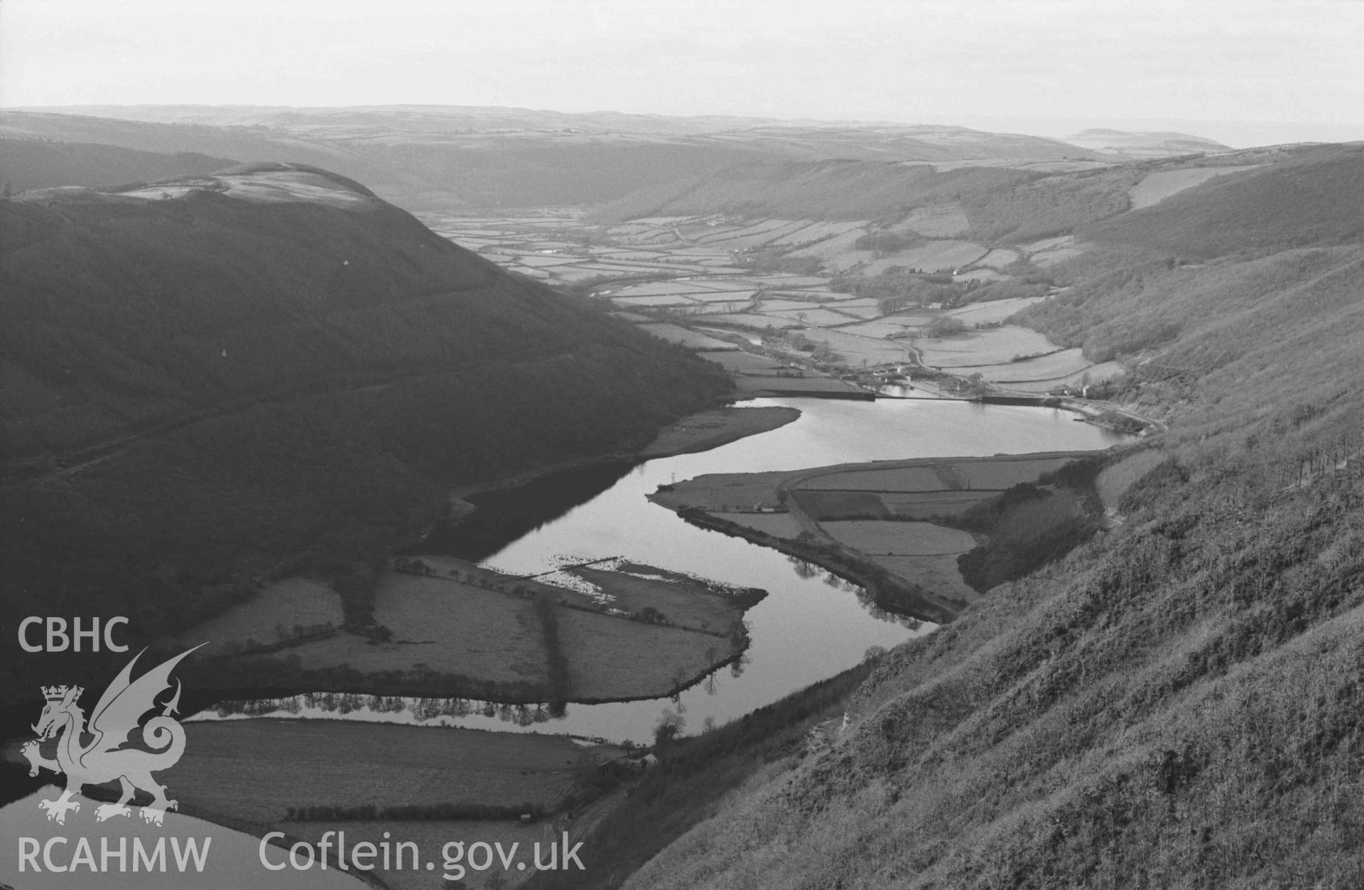 Digital copy of a black and white negative showing Rheidol valley and Pendinas from just west of Castell Bwa Drain. Photographed by Arthur Chater on 5 January 1969. Looking west from Grid Reference SN 7120 7950.