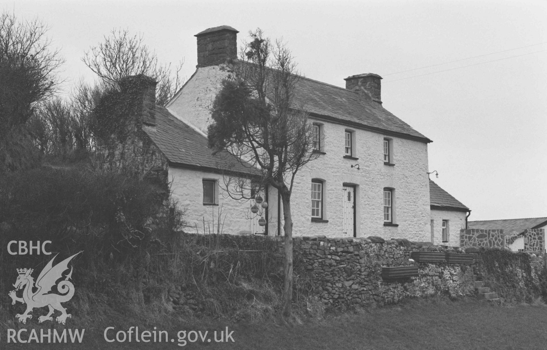 Digital copy of a black and white negative showing house 30m north west of Pont y Gilfach, from the bridge. Photographed by Arthur Chater on 3 January 1969. Looking north west from Grid Reference SN 4368 6115.