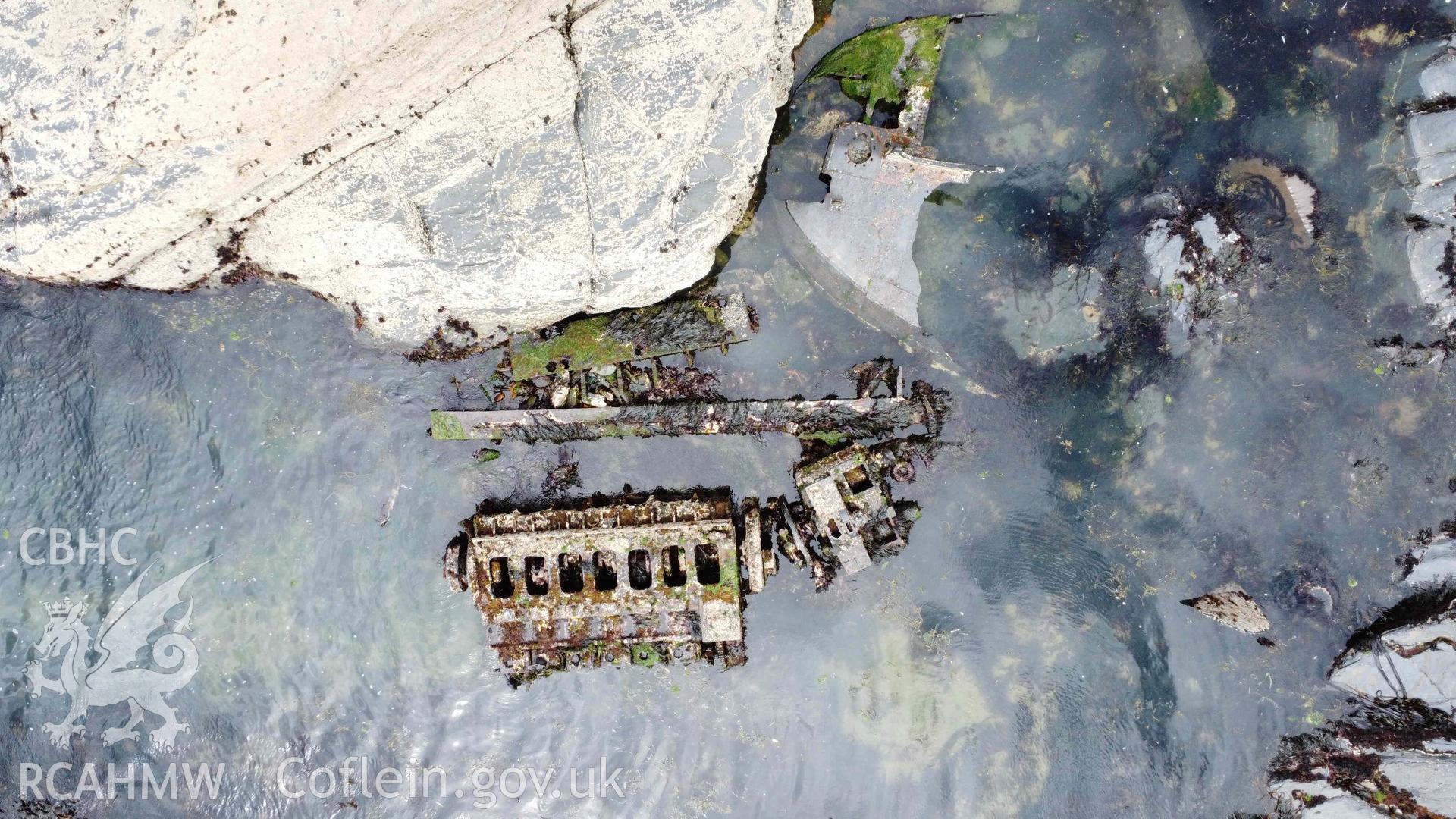 Overhead view of the Vernicos Georgis, north is to the top. The engine block lies in the centre, on its side, with adjacent hull remains immediately to the north. The stern section of the vessel, displaced 180 degrees and inverted, is to the north-east.