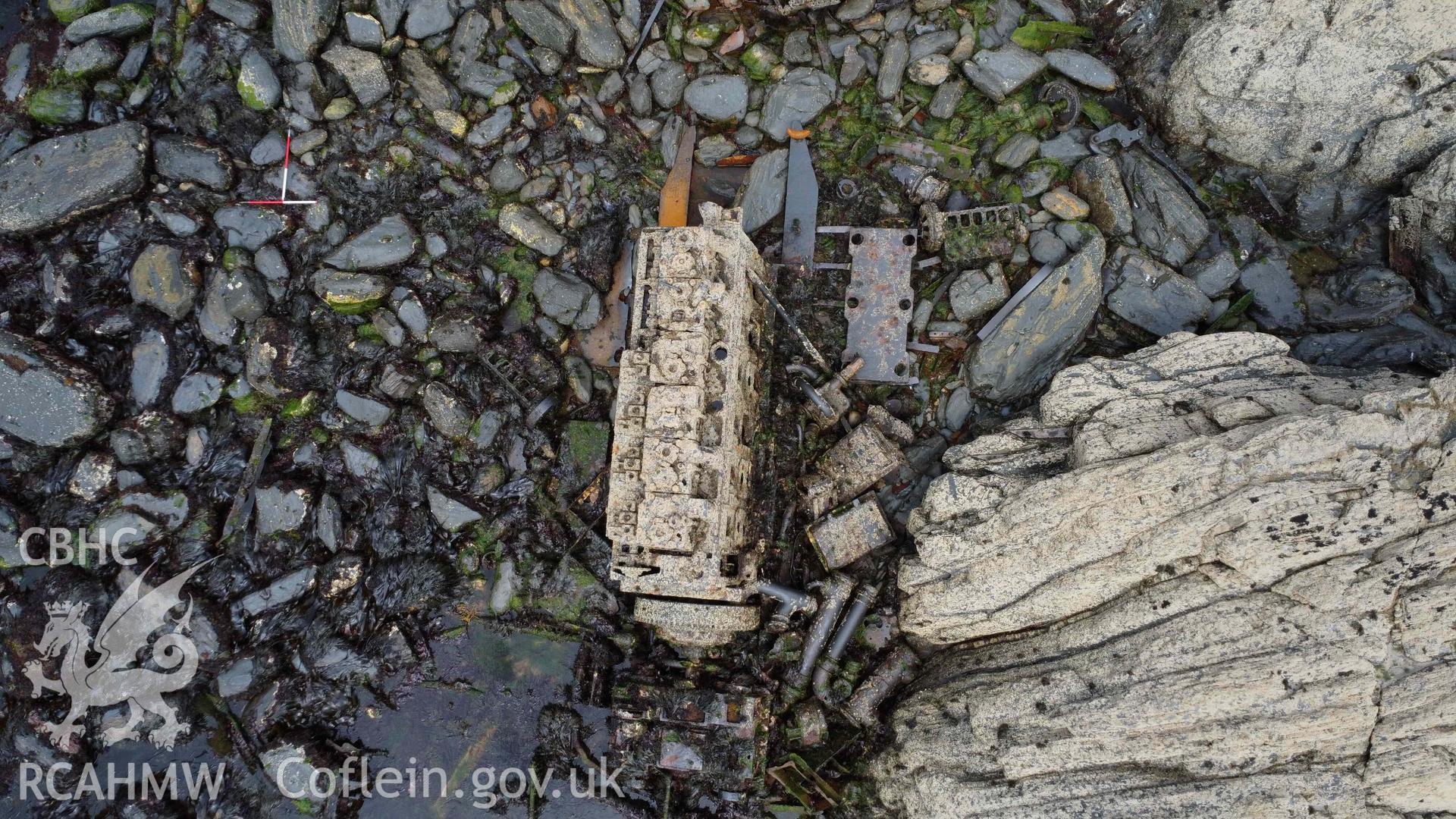 Overhead view of the engine block and adjacent in-situ remains from the Vernicos Barbara IV. North is to the top.