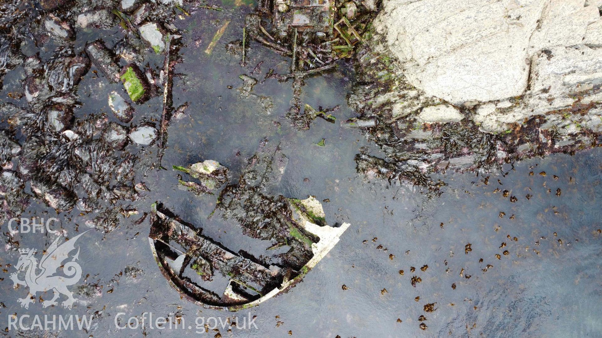 Overhead view of the partially submerged stern section of the the Vernicos Barbara IV. North is to the top.