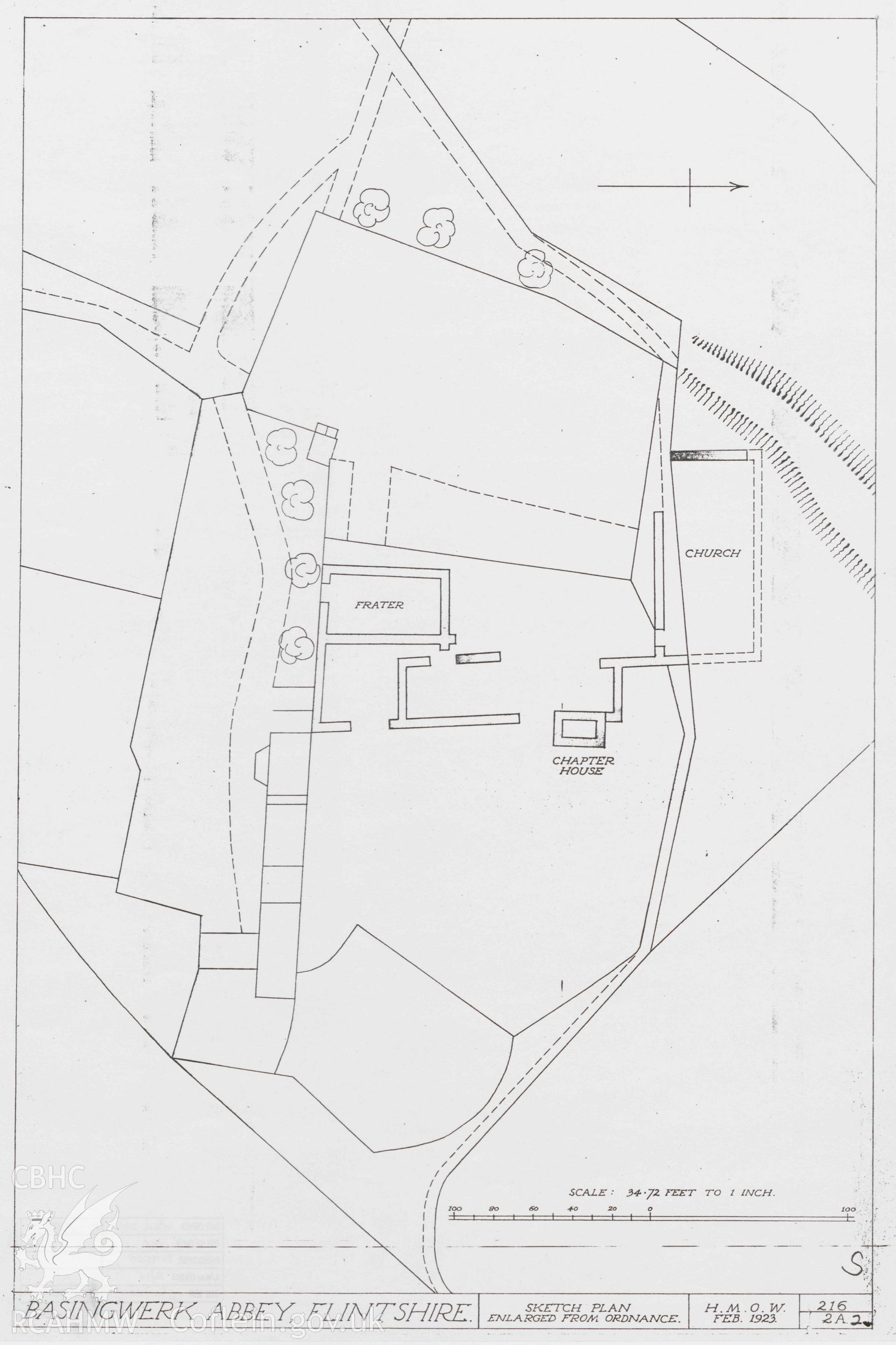 Cadw guardianship monument drawing of Basingwerk Abbey. Sketch-plan, standing walls. Cadw Ref. No. 216/2a2. Scale 1:416.64.
