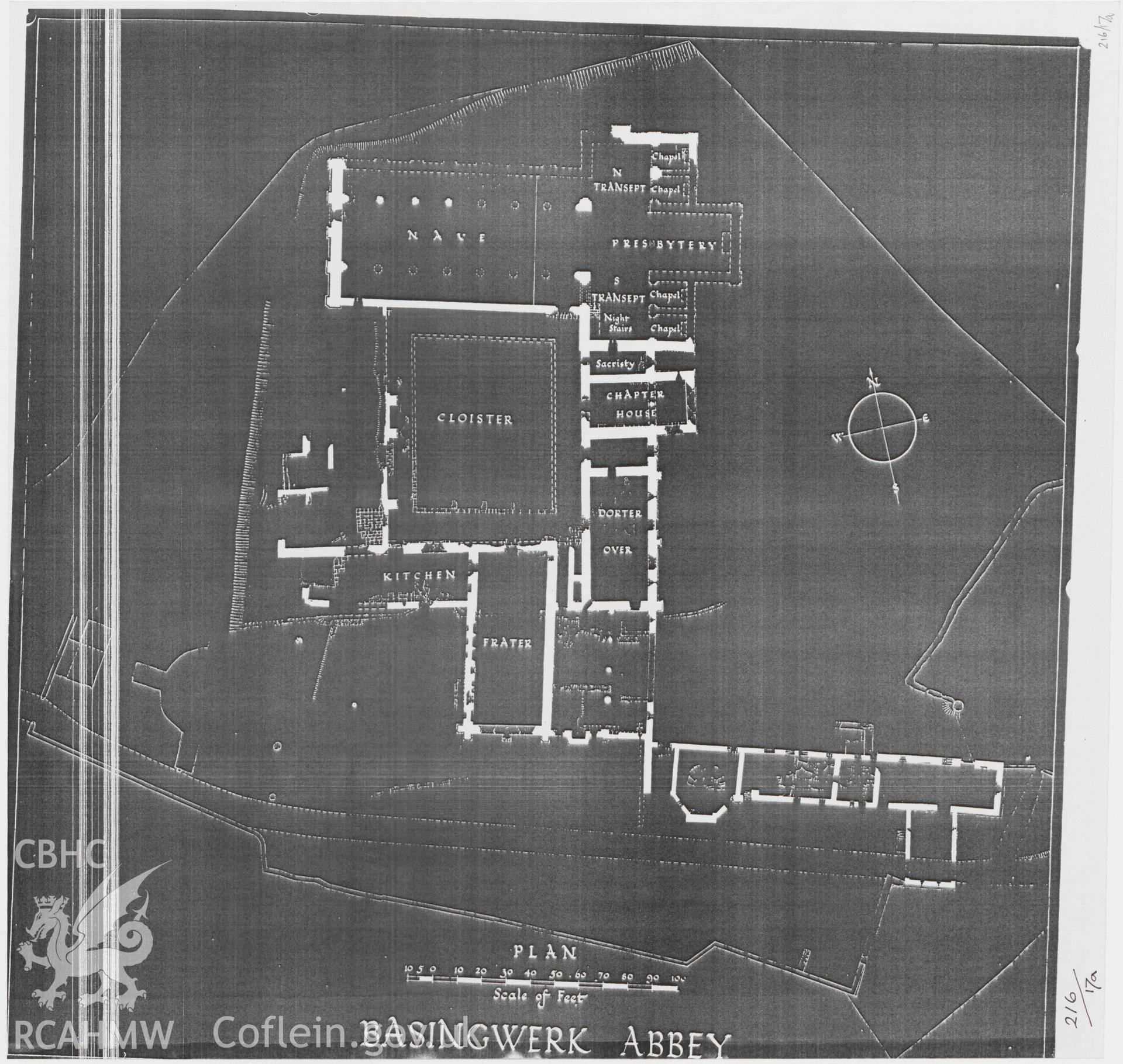 Cadw guardianship monument drawing of Basingwerk Abbey. General plan. Cadw Ref. No. 216/17a. Scale 1:c312.