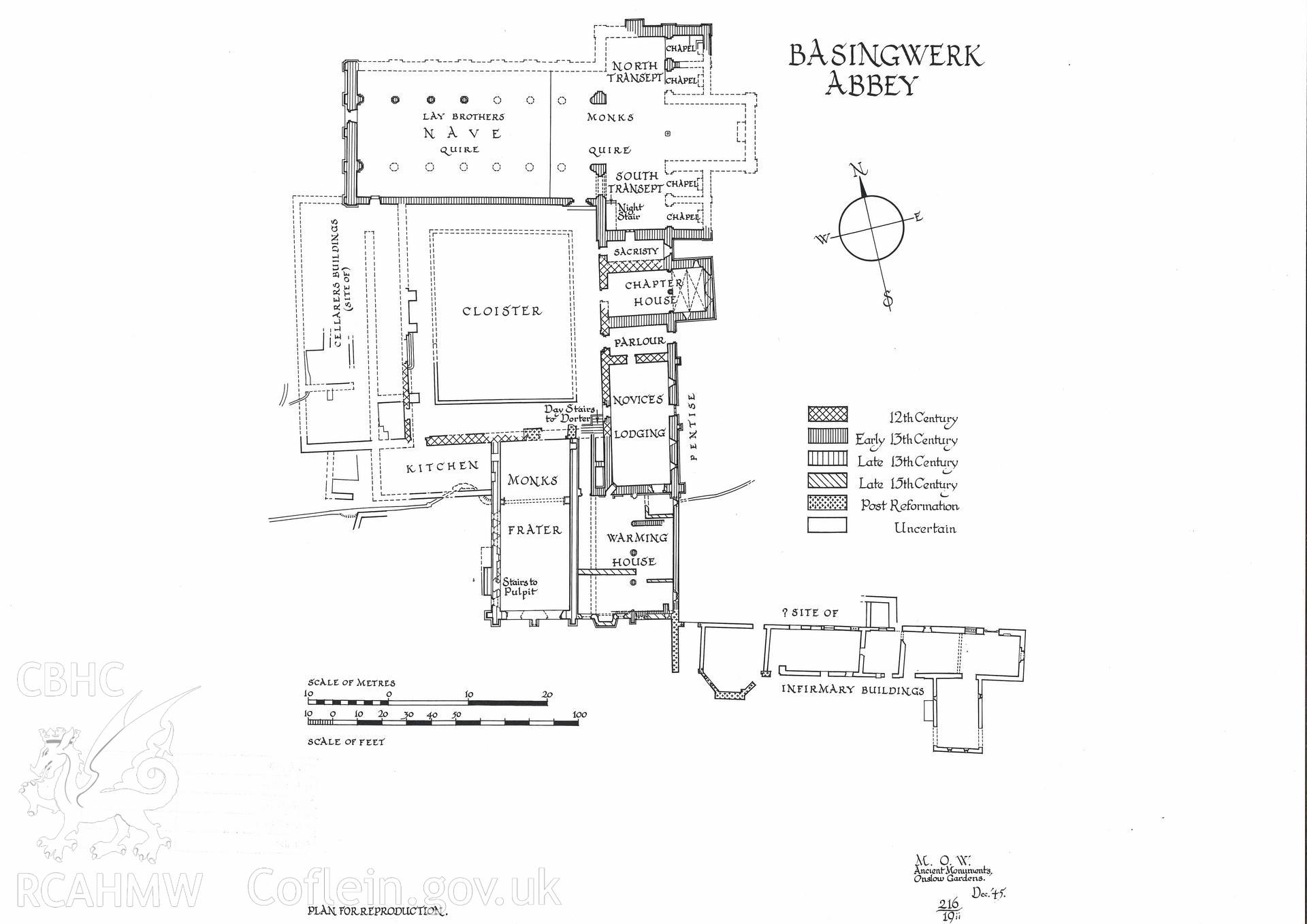 Cadw guardianship monument drawing of Basingwerk Abbey. General plan dated for public. Cadw Ref No: 216/19ii. Scale 1:384.