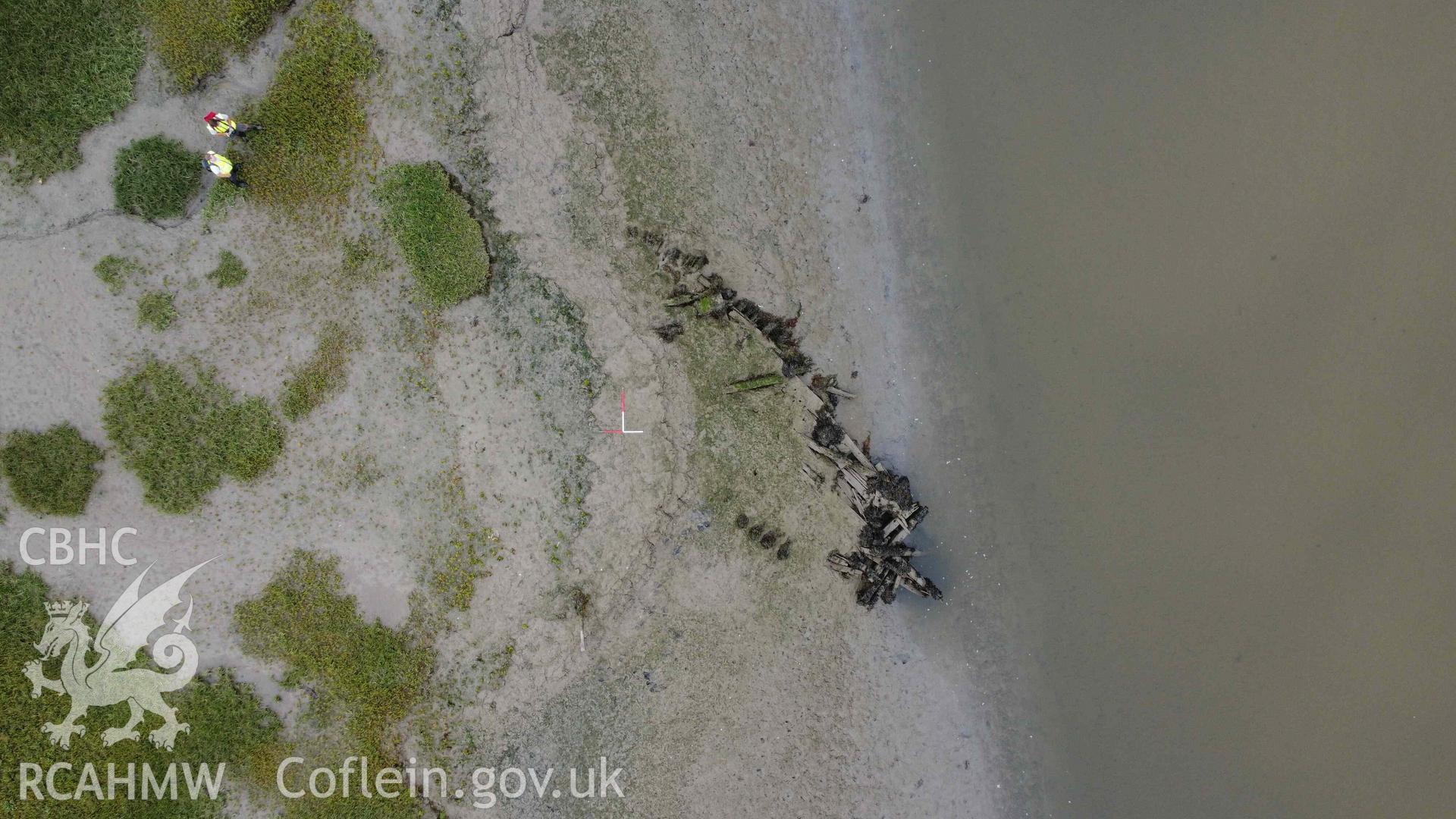 General overhead view of Ynyslas Hulk A, during a monitoring survey on the 12th September 2022. North is to the top.