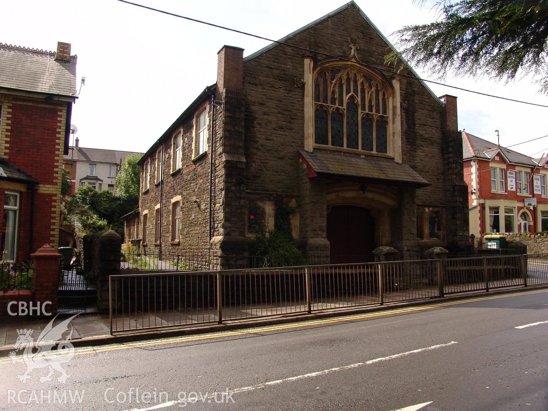 Photograph from a building recording survey: Zion Chapel, High Street, Newbridge, Gwent; general view, north (front) elevation. Carried out by A. P. A. C. Ltd. in September 2008.