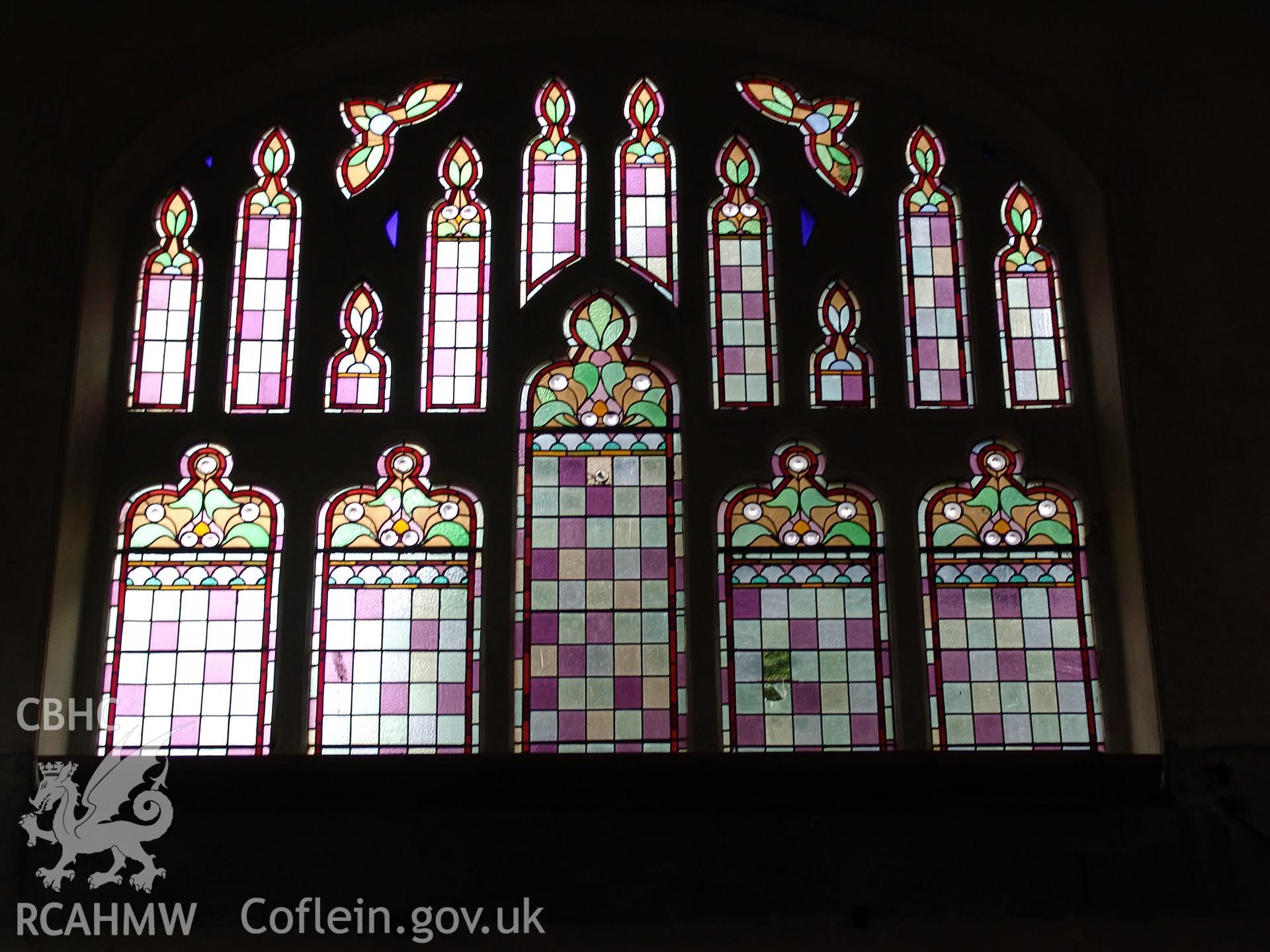 Photograph from a building recording survey: Zion Chapel, High Street, Newbridge, Gwent; detail view of main north window. Carried out by A. P. A. C. Ltd. in September 2008.