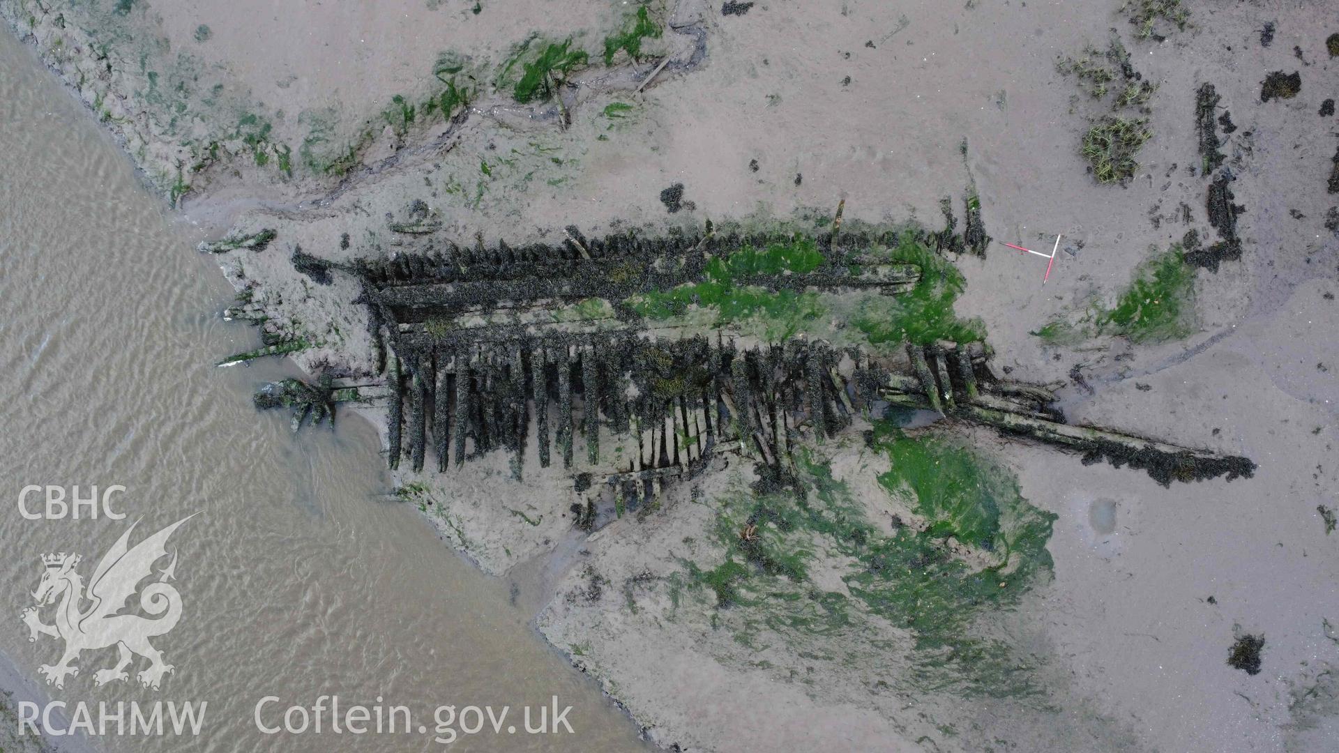 Overhead view of the Sandy Haven Pill shipwreck, north is to the left. The stern of the vessel is to the right (south).