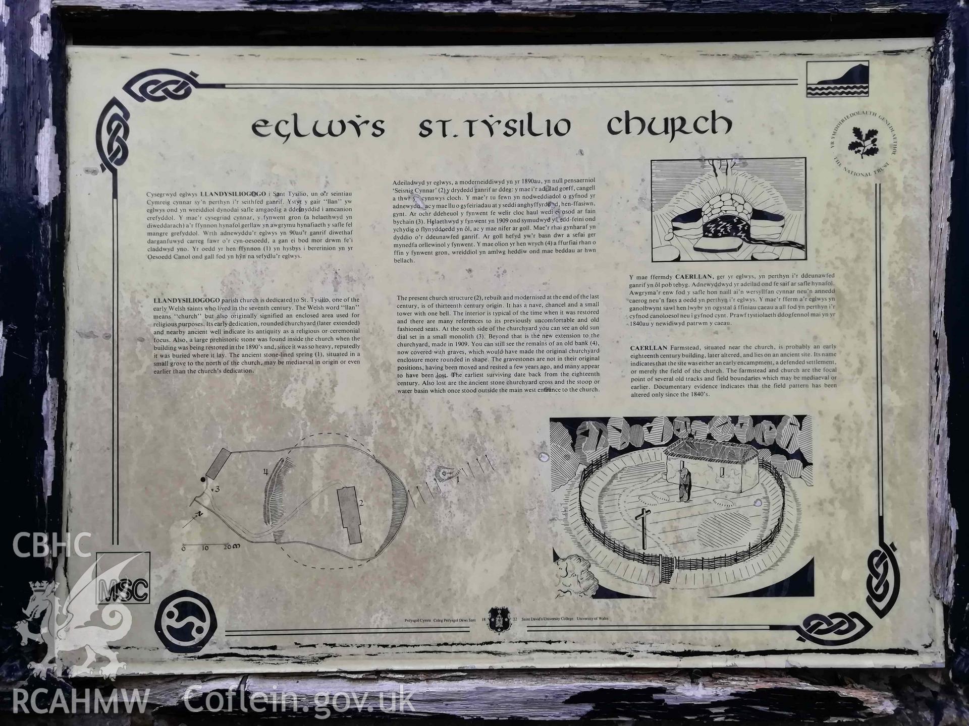 Digital colour photograph showing information board at St Tysilio's Church, near Cwmtydu.
