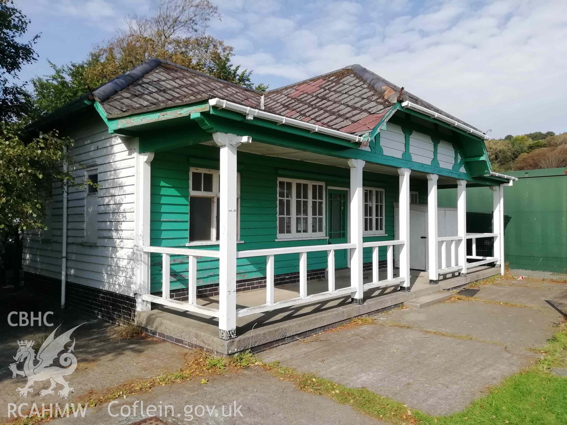 Digital colour photograph showing old cricket pavilion, Aberystwyth.