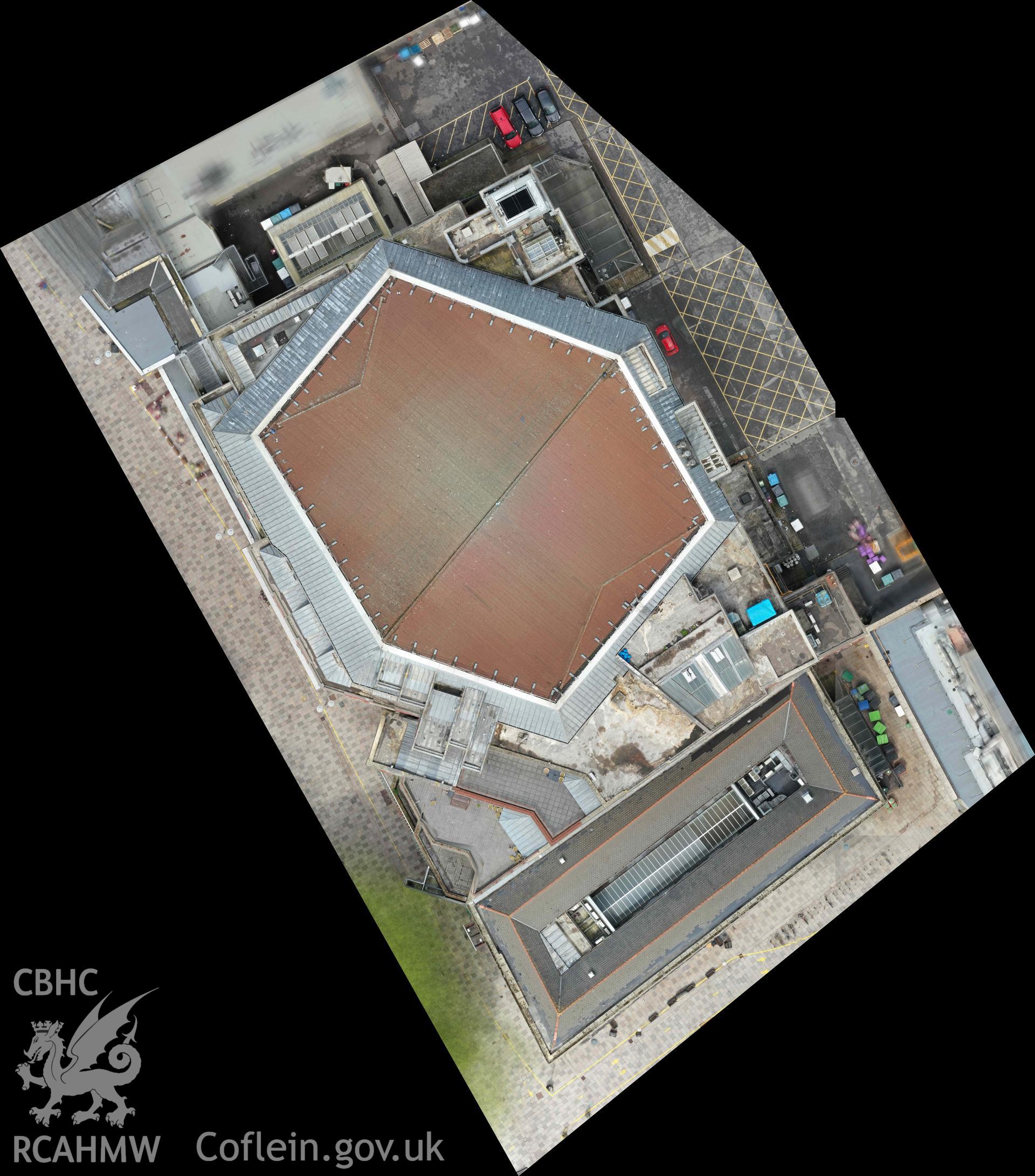 Merged transparent mosaic image from a Photogrammetric Rooftop Survey of St David’s Hall, Cardiff, carried out by Black Mountains Archaeology and ArchaeoDomus in 2021.