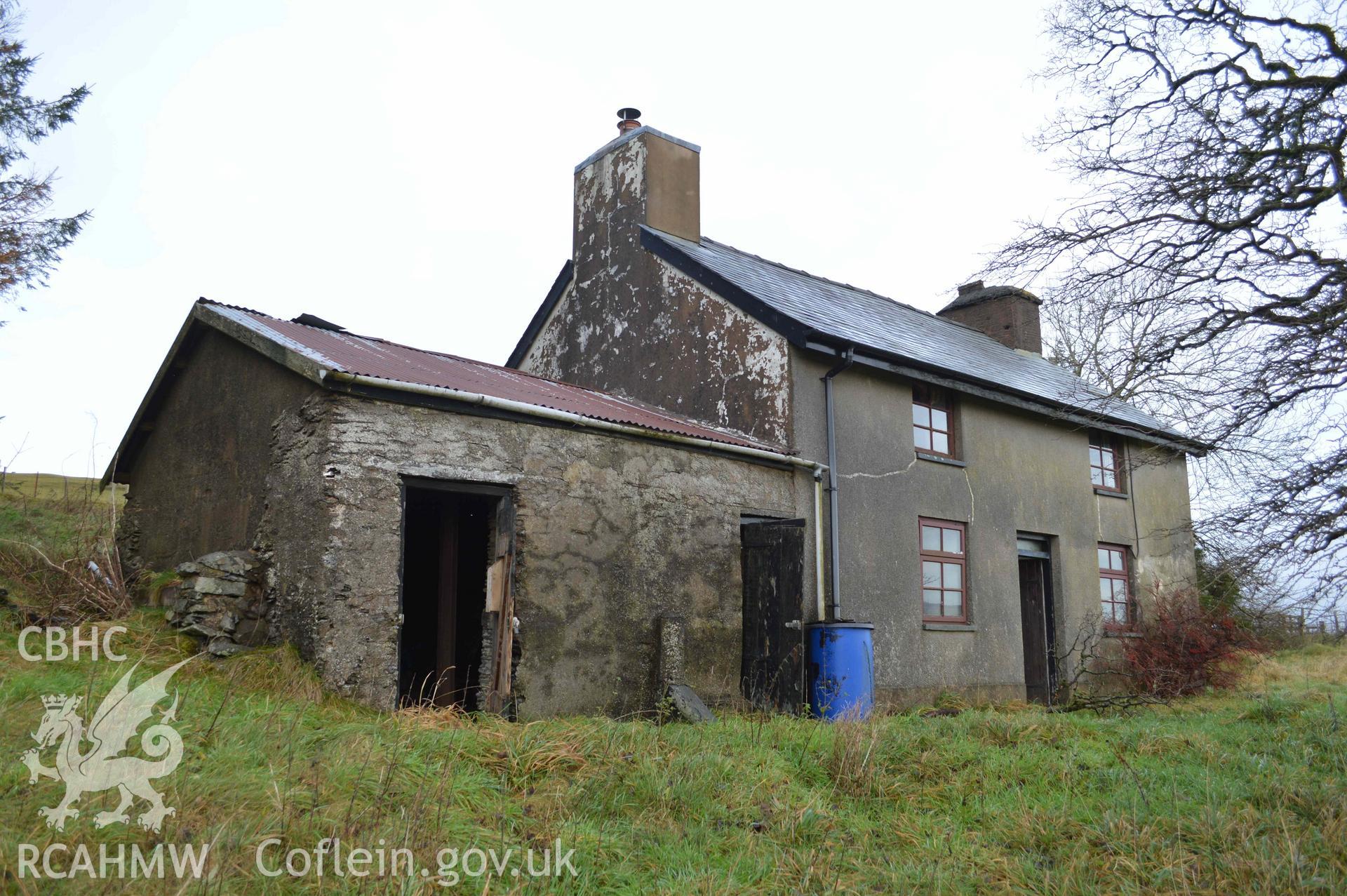 Digital colour photograph showing exterior of Bryn Eglwys - part of CPAT Project 2498: Building Survey for Bryn Eglwys, Dylife ( The south-eastern elevation and byre), dated 2020.