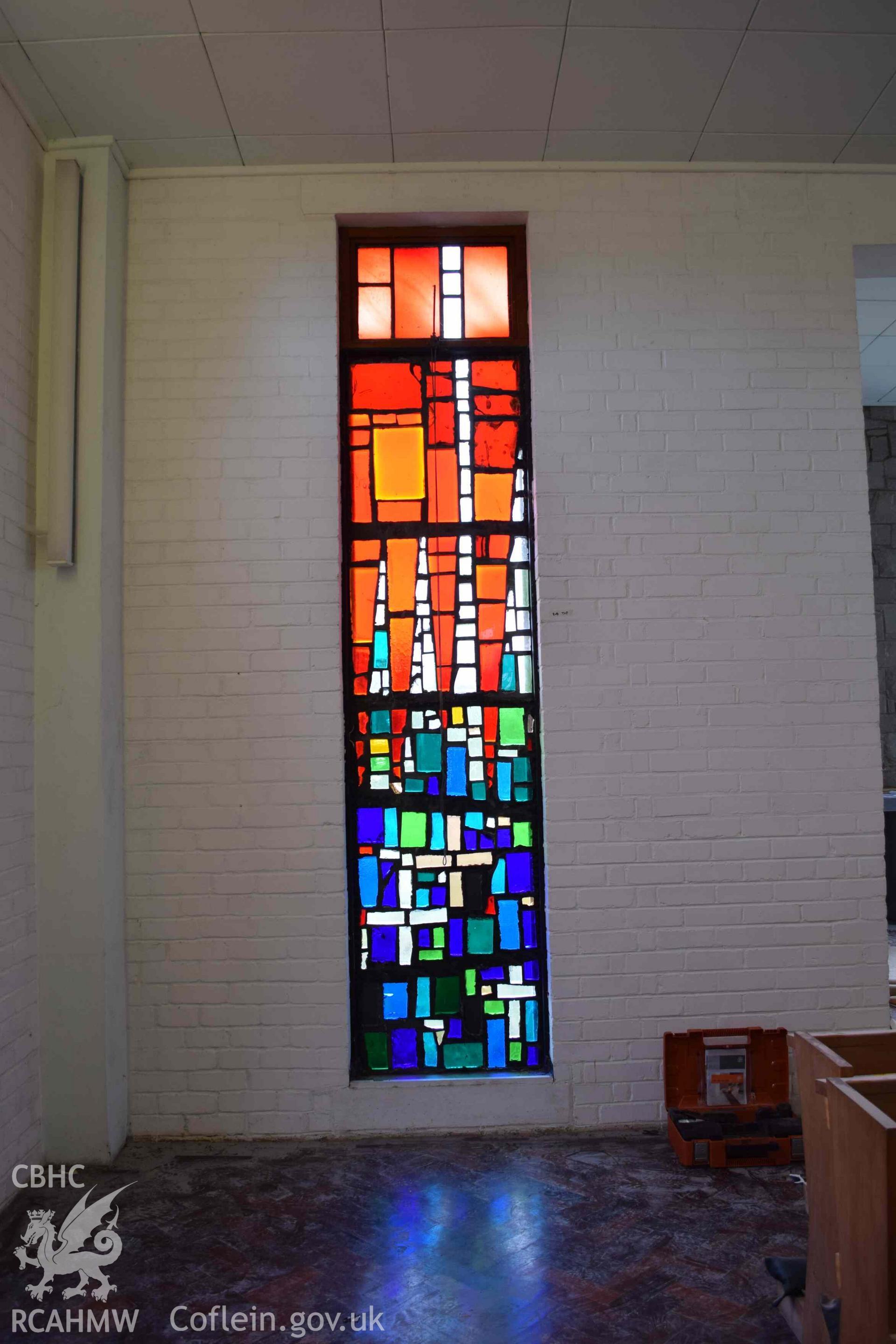 Photograph showing a Jonah Jones Dalle de Verre window (5b), at the church of The Resurrection of Our Saviour, Morfa Nefyn, taken on behalf of the Architectural Glass Centre during the removal of the windows in March 2019.
