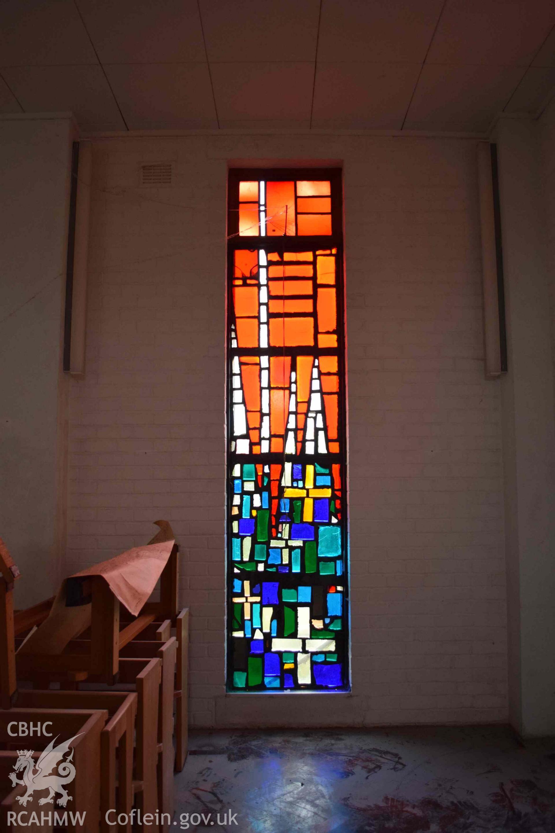 Photograph showing a Jonah Jones Dalle de Verre window (6b), at the church of The Resurrection of Our Saviour, Morfa Nefyn, taken on behalf of the Architectural Glass Centre during the removal of the windows in March 2019.