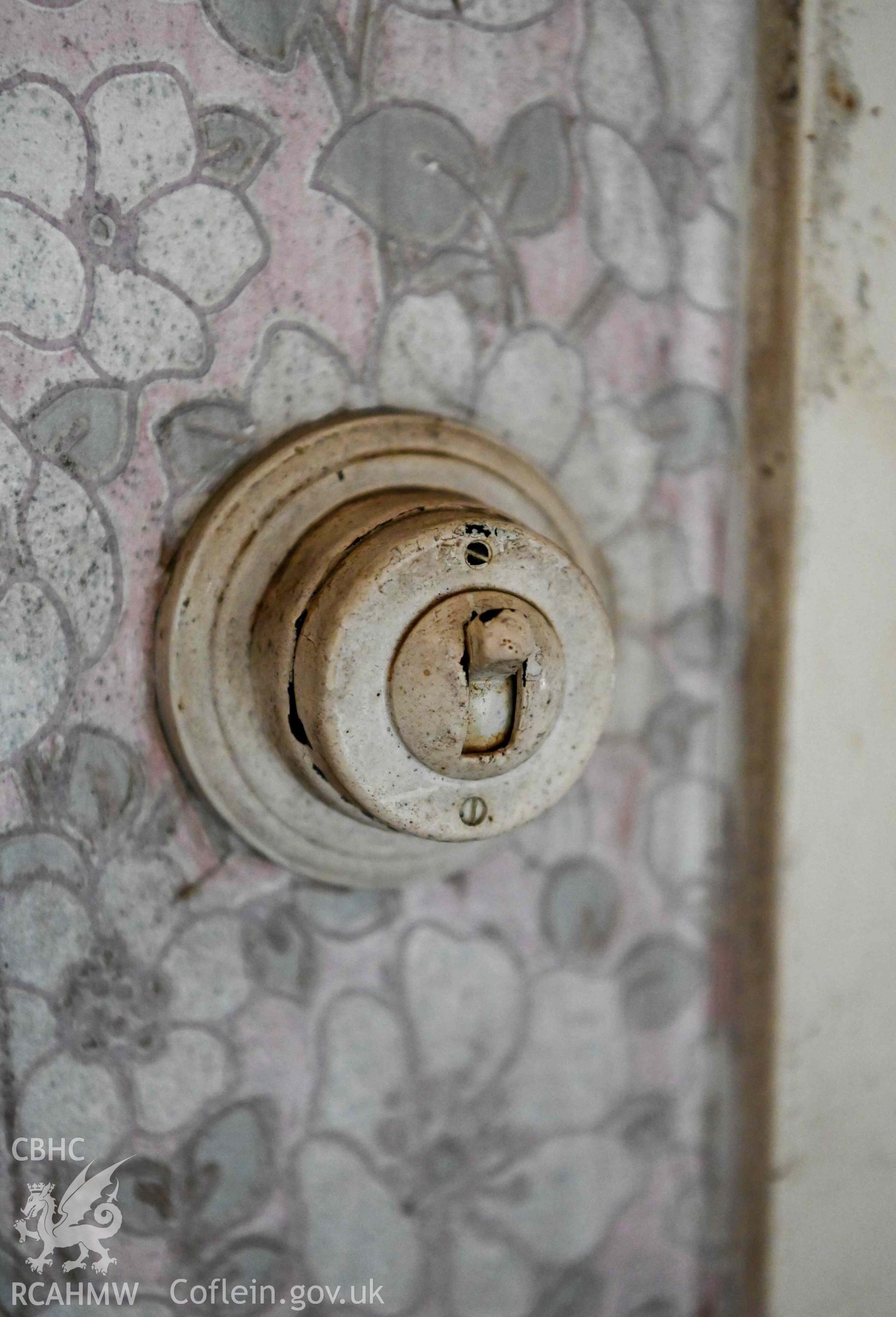 Tyddyn Mawr, interior first-floor landing detail of light-switch.
