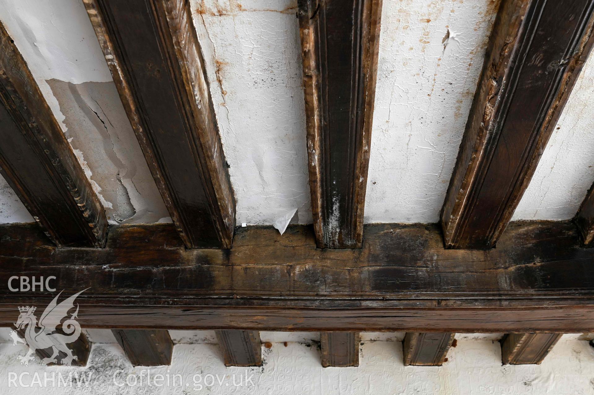 Tyddyn Mawr, interior living room (western room on ground floor) detail of ceiling beams.