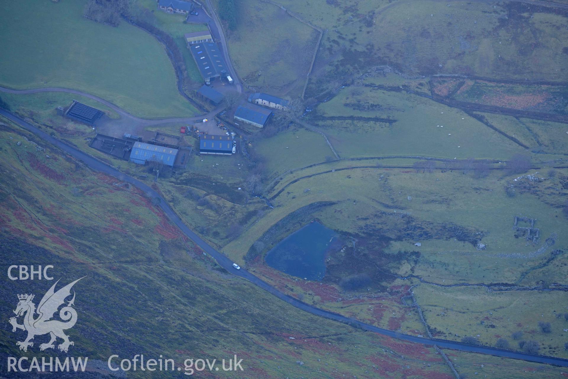 Oblique aerial photograph of Drws y Coed copper mine taken during the Royal Commission