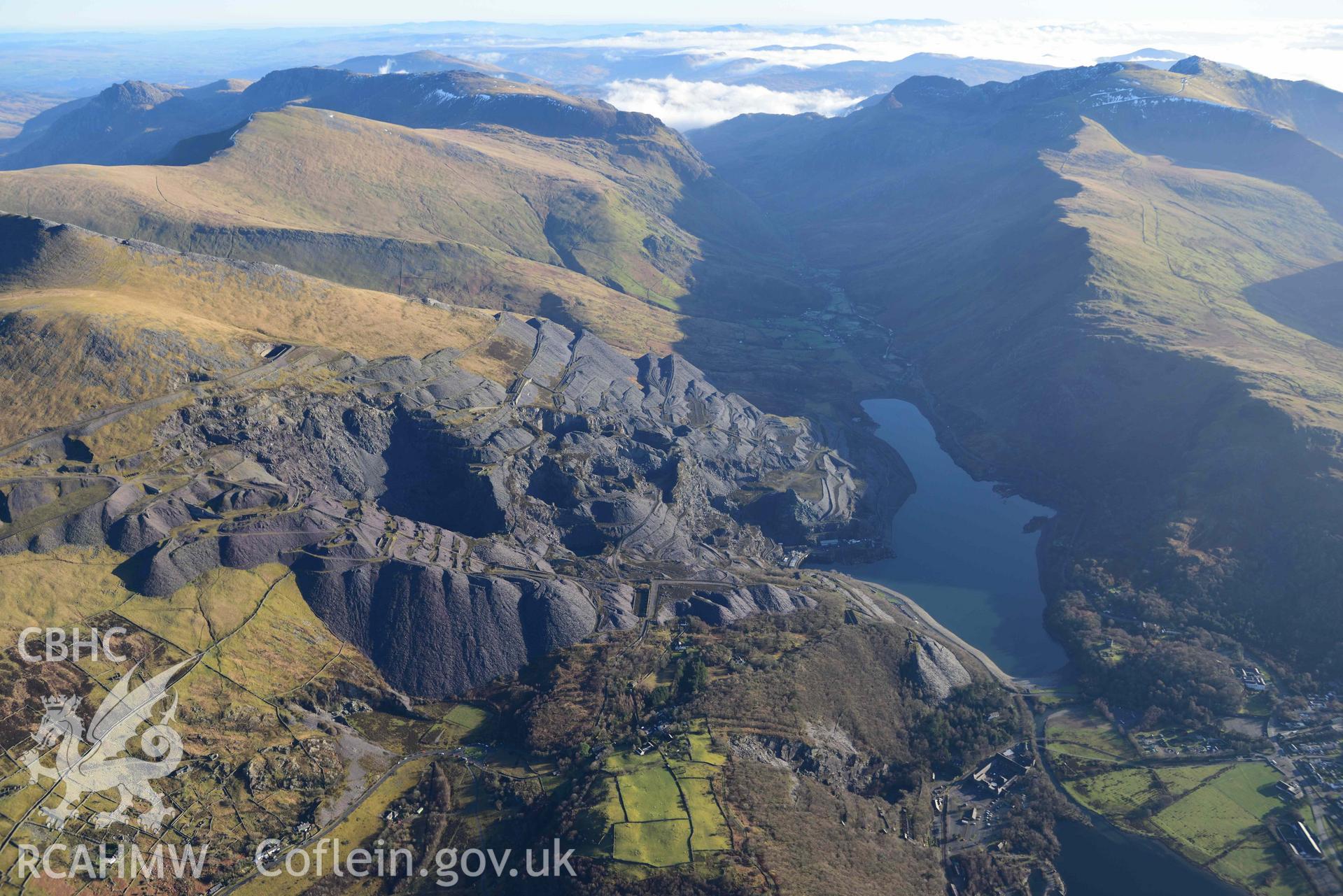 Oblique aerial photograph of Dinorwic Slate Quarry and Pass of Llanberis, taken from the north west during the Royal Commission