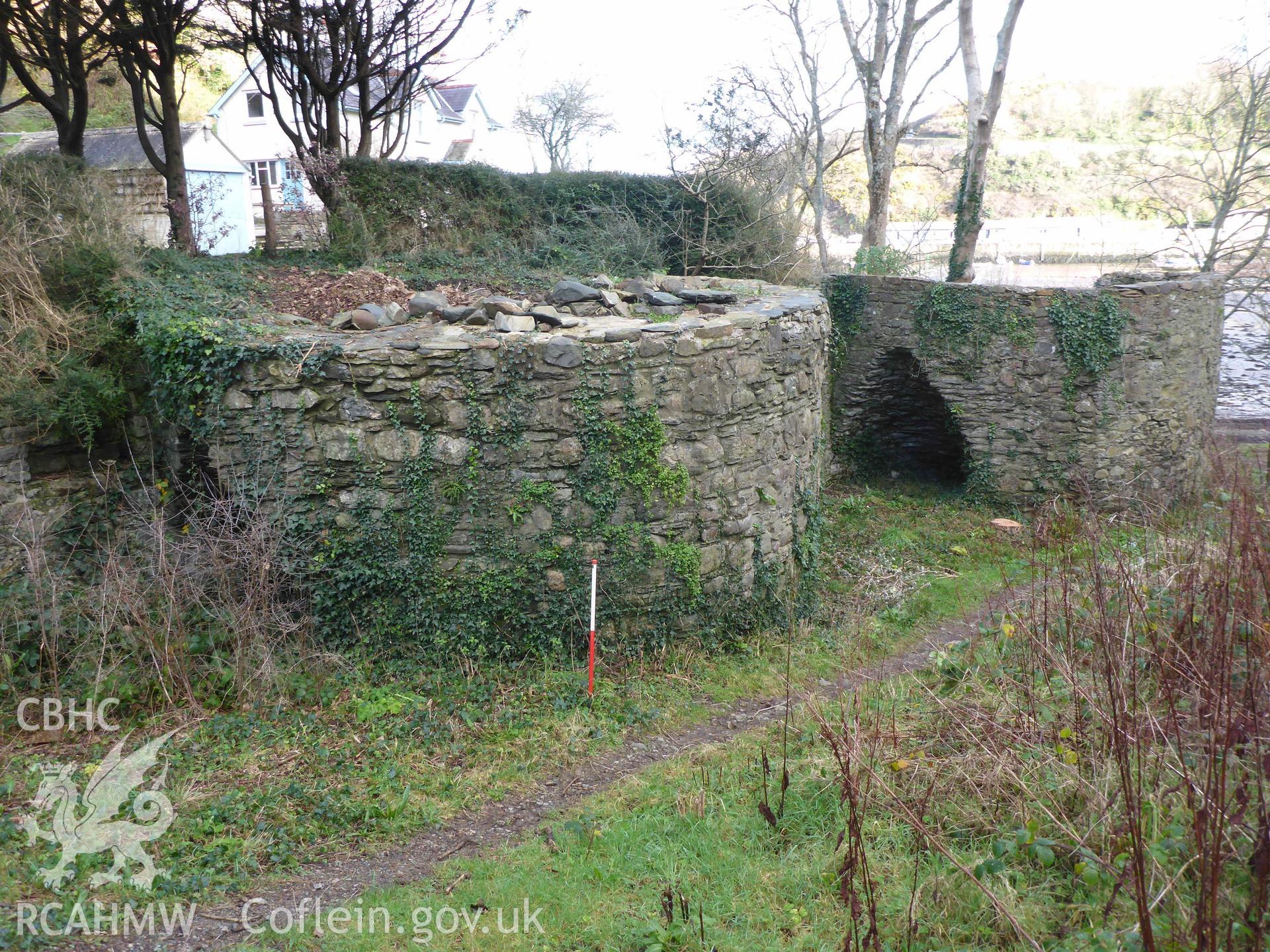 General view of Fishguard Lime Kiln 1 (left) and 2 (right), viewed from the south-west. Scale is 1m.