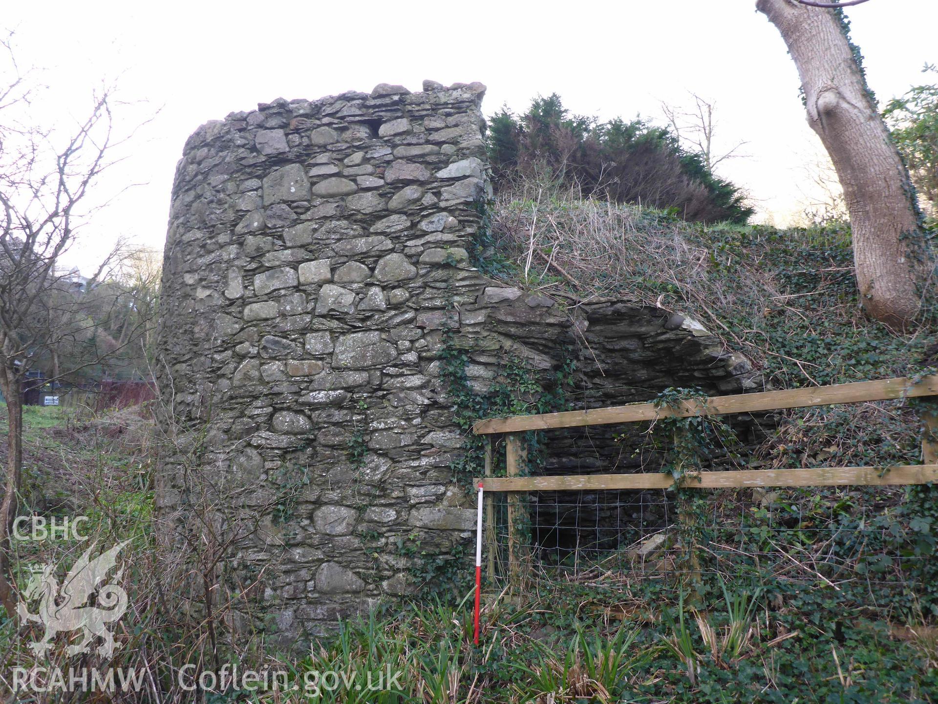 Fishguard Lime Kiln 2, eastern kiln-eye and associated damage to structure. Scale is 1m.