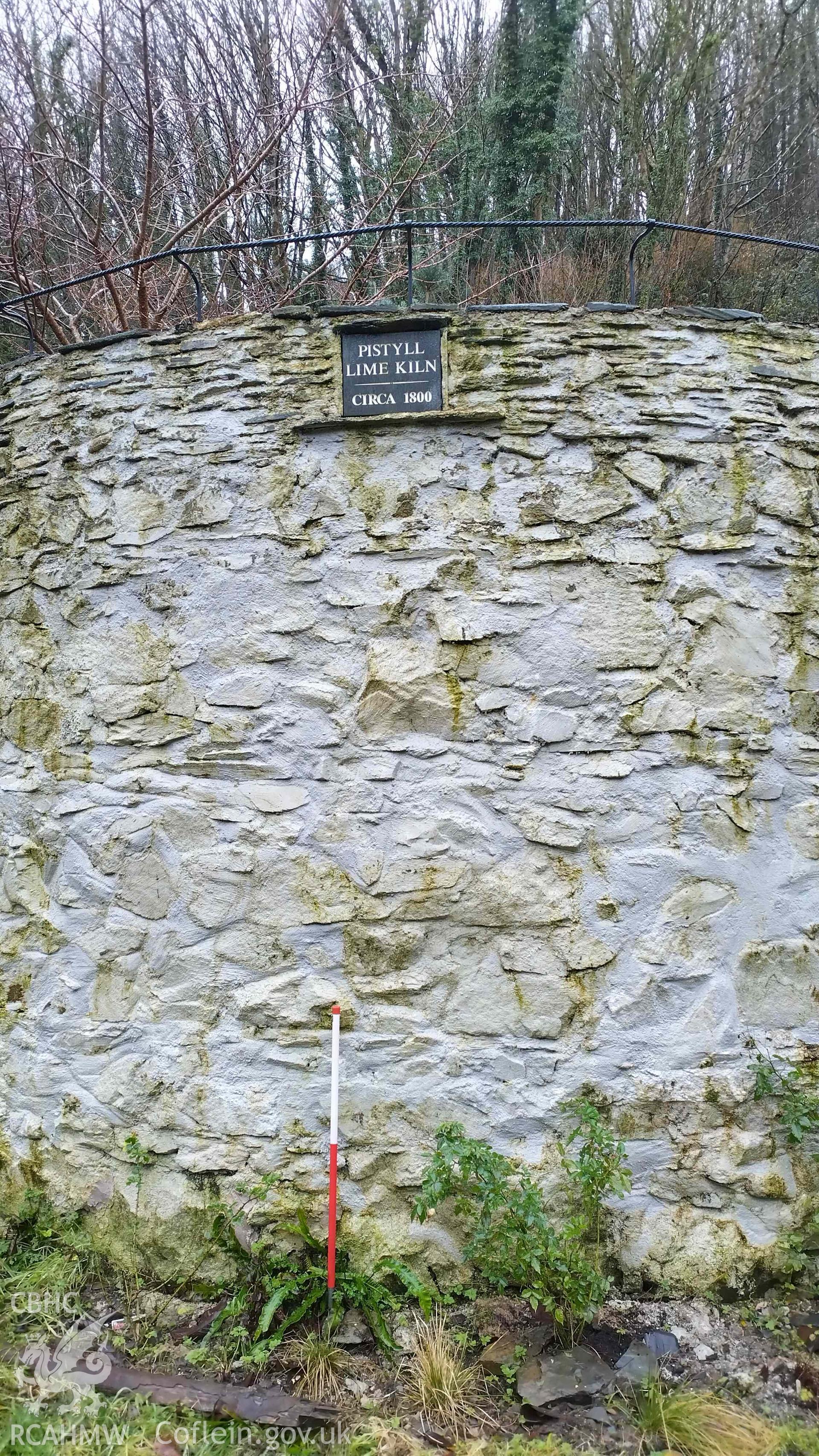 Fishguard Lime Kiln 4, detail of eastern elevation and slate plaque. Scale is 1m.