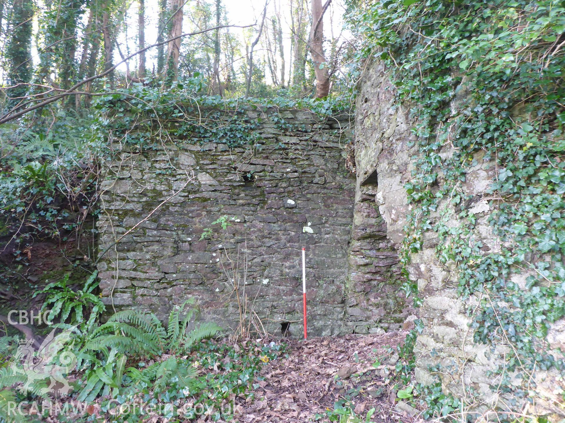 Castle Pill Lime Kiln, retaining wall to the south of the lime kiln, viewed from the east. Scale is 1m.
