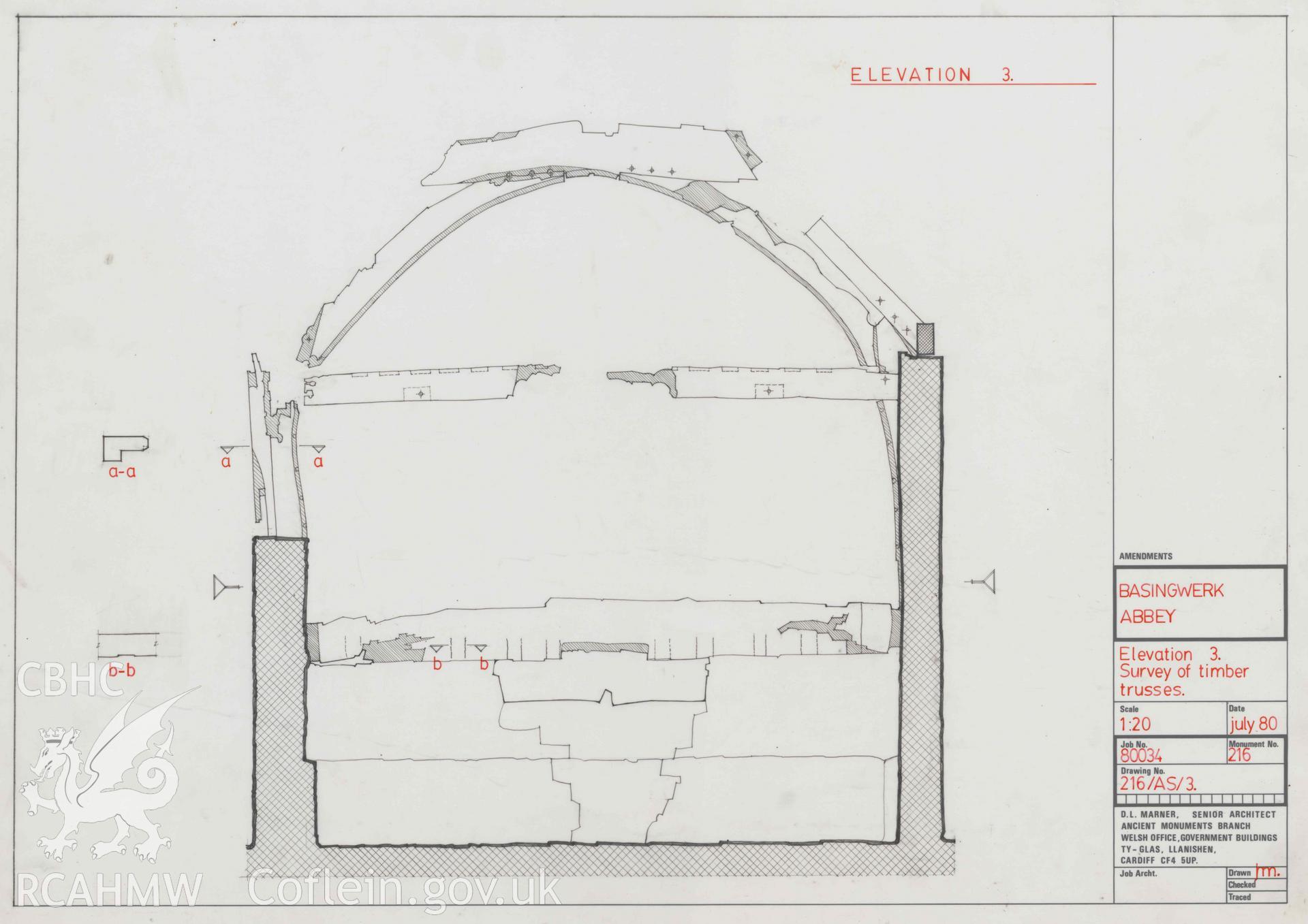 Cadw guardianship monument drawing of Basingwerk Abbey. Outer SE range, truss section - annotated. Digitised copy of original awaiting transfer from Cadw.
