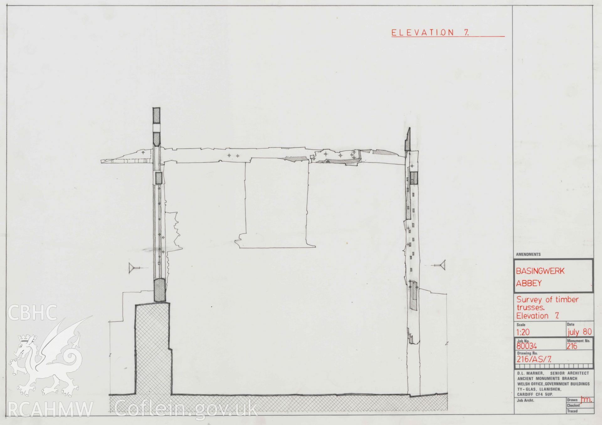 Cadw guardianship monument drawing of Basingwerk Abbey. Outer SE range, bay elevation - annotated. Digitised copy of original awaiting transfer from Cadw.