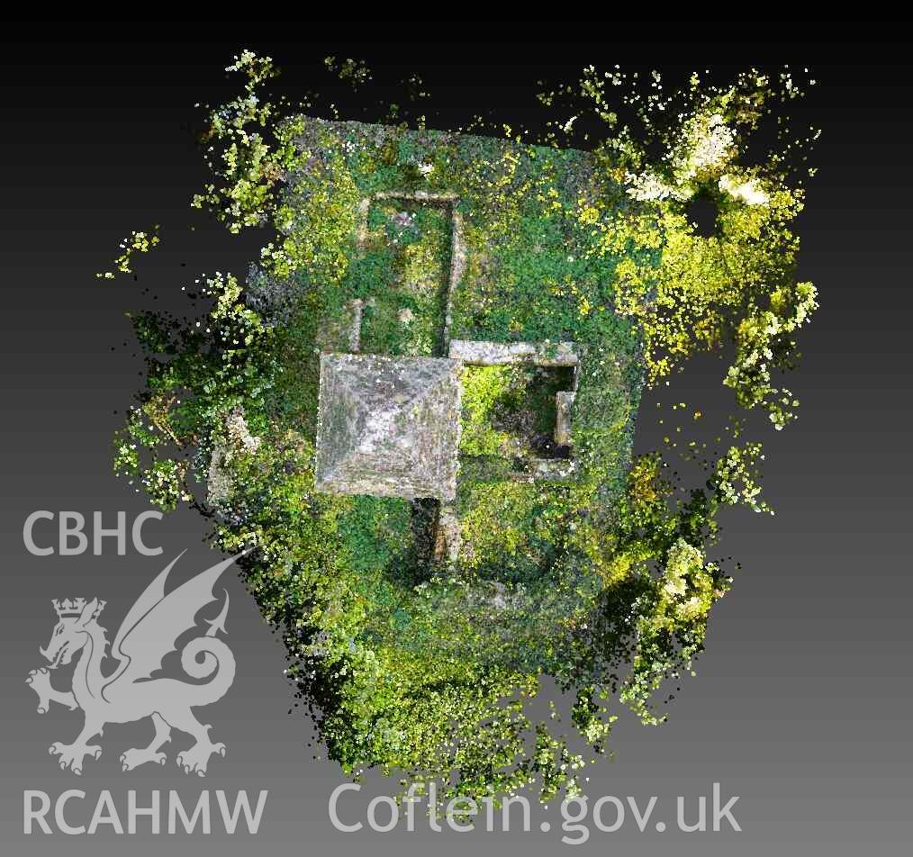 Image showing plan view of the overall point cloud, produced from a laser scan of Puffin Island medieval church, conducted as part of the CHERISH project in June and November 2018.