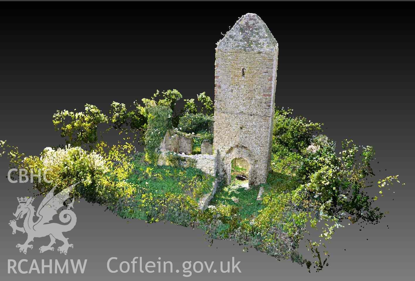 Image showing view of overall point cloud looking southwest, produced from a laser scan of Puffin Island medieval church, conducted as part of the CHERISH project in June and November 2018.