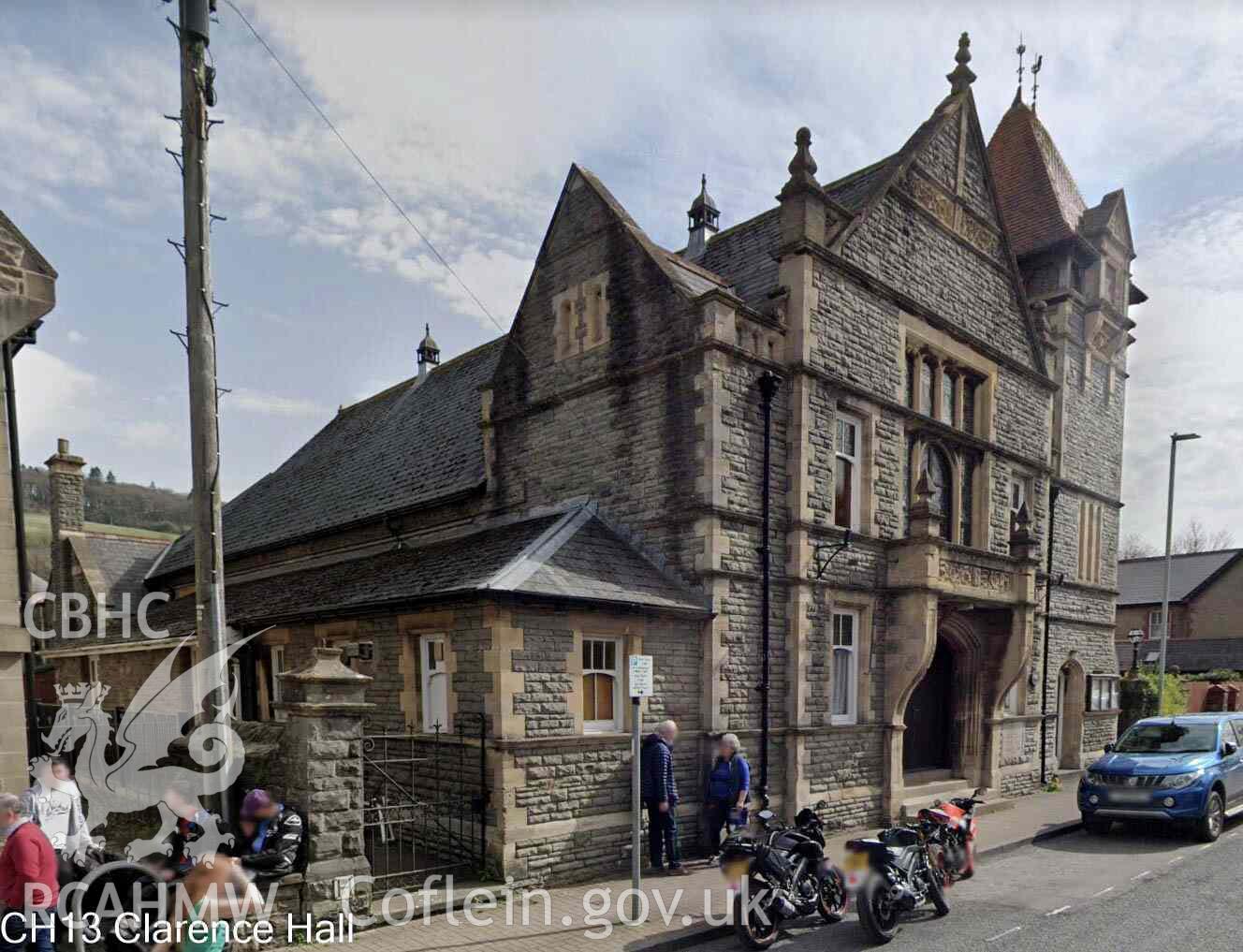 Photograph of The Clarence Hall, Crickhowell - front exterior, taken in 2019.
