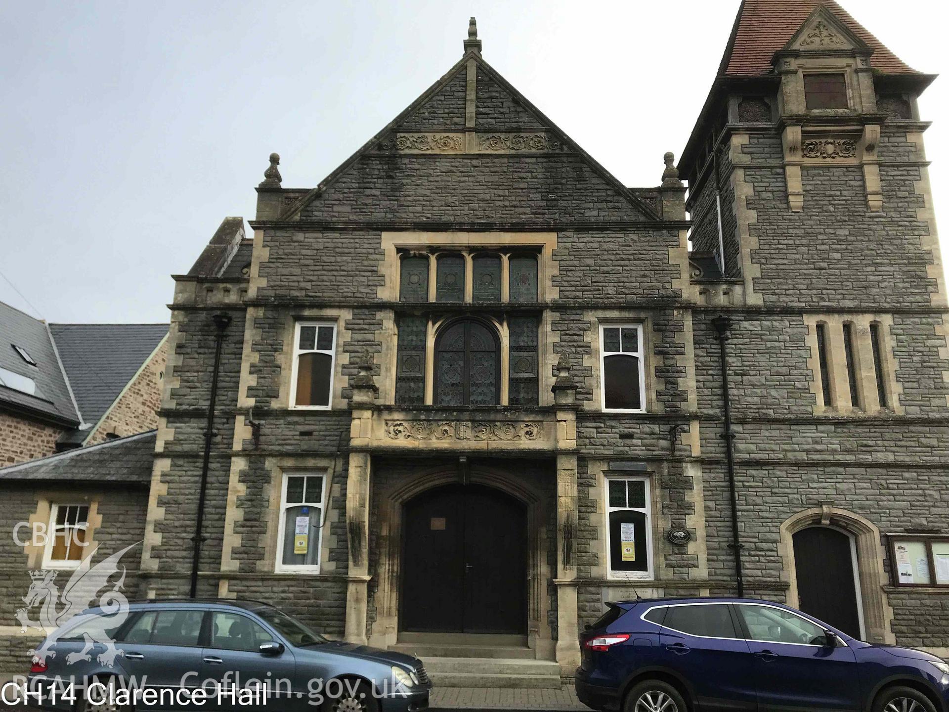 Photograph of The Clarence Hall, Crickhowell - front exterior, taken in 2019.
