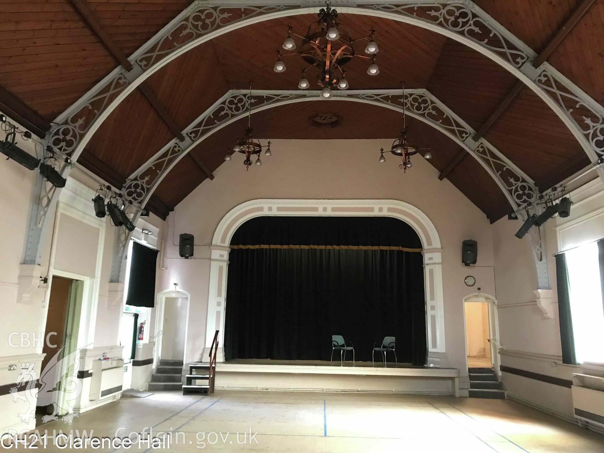 Photograph of The Clarence Hall, Crickhowell - interior, auditorium, taken in 2019.