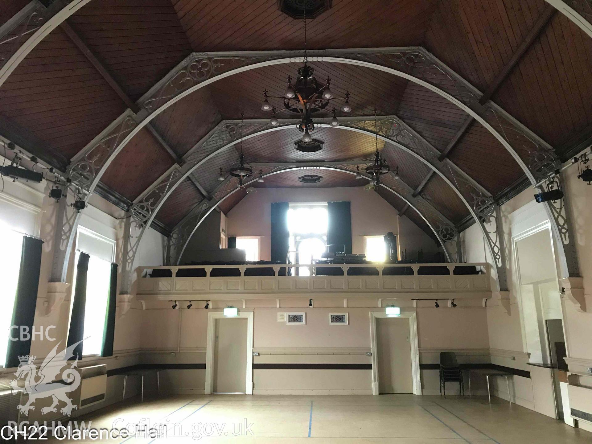 Photograph of The Clarence Hall, Crickhowell - interior, auditorium, taken in 2019.