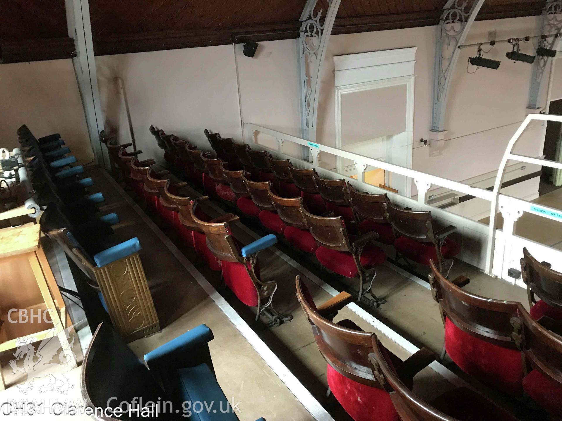 Photograph of The Clarence Hall, Crickhowell - interior, auditorium seating, taken in 2019.
