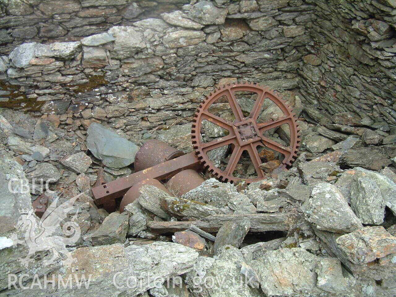 Photograph showing Cwm Erch Copper Mine - detail of machinery, taken by John Latham, 2003.