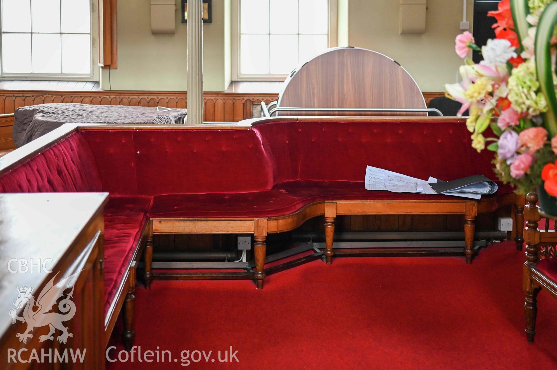 Capel Moreia interior, detail of sedd fawr.
