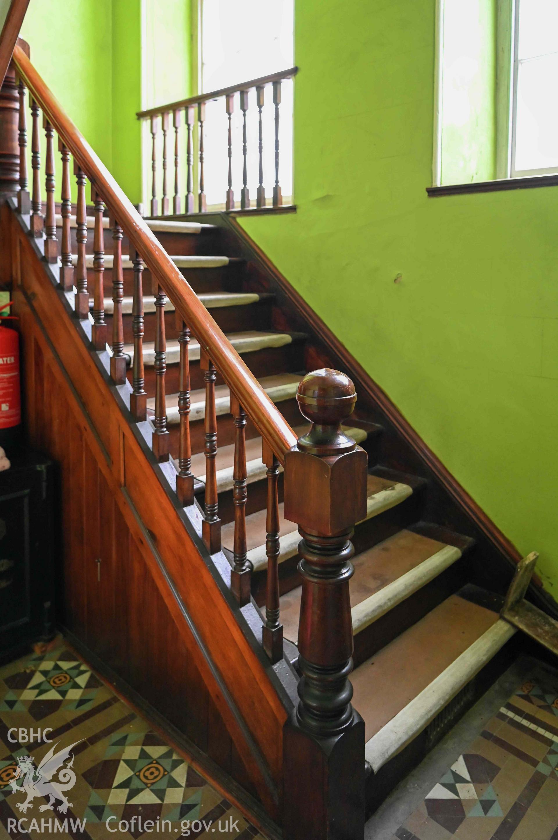 Capel Moreia interior, stairs from entrance to gallery.