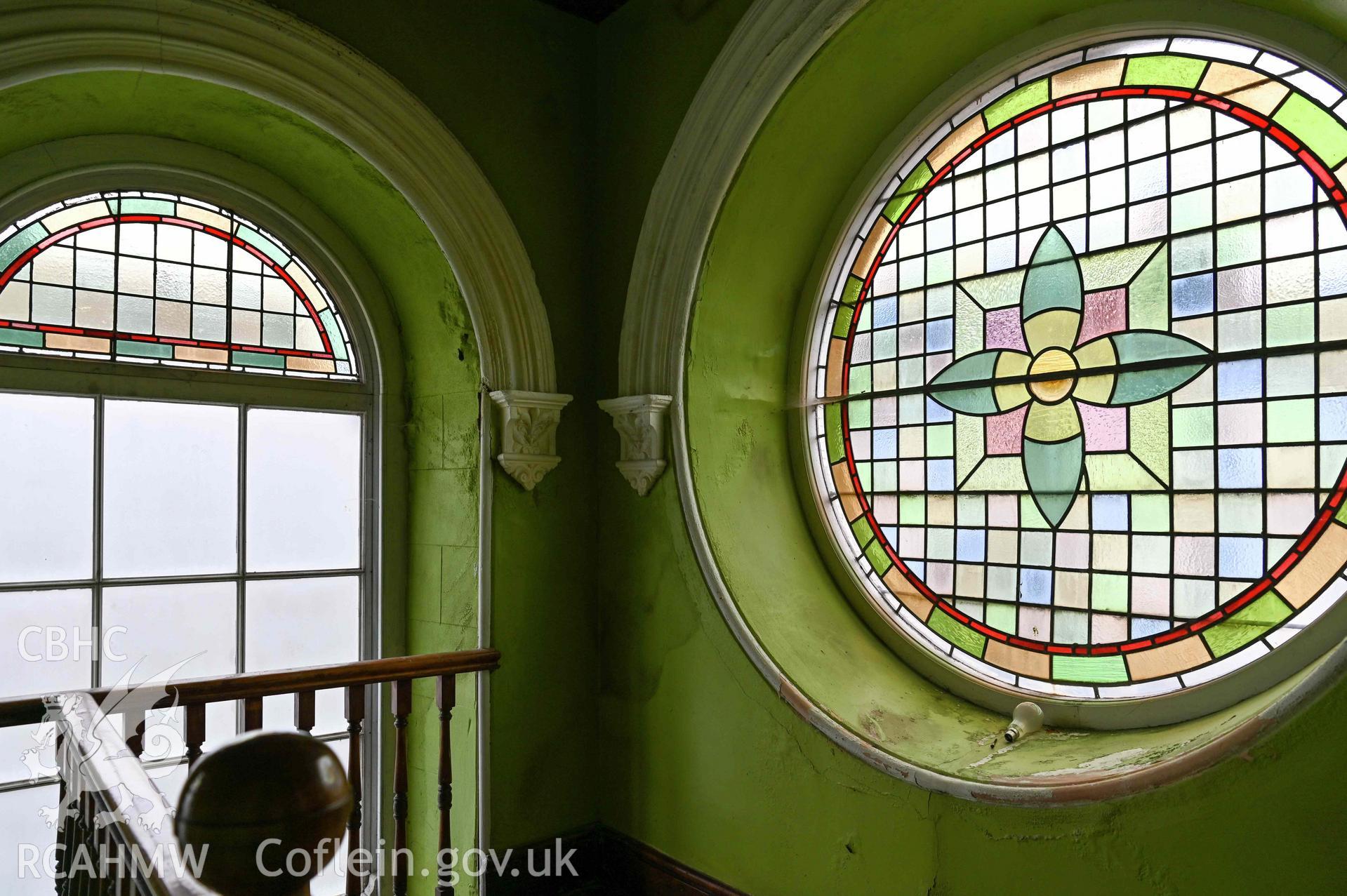 Capel Moreia interior, windows at the top of the gallery stairs.