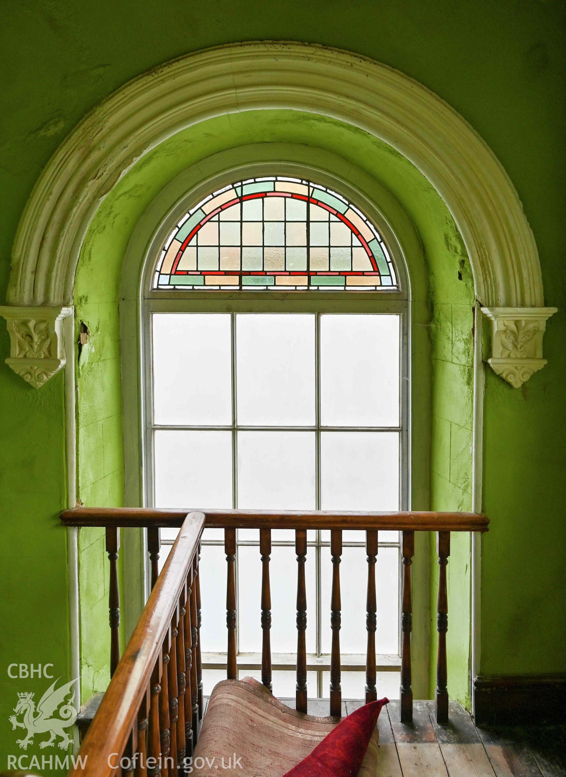 Capel Moreia interior, detail of first floor window in the south elevation at top of gallery stairs.
