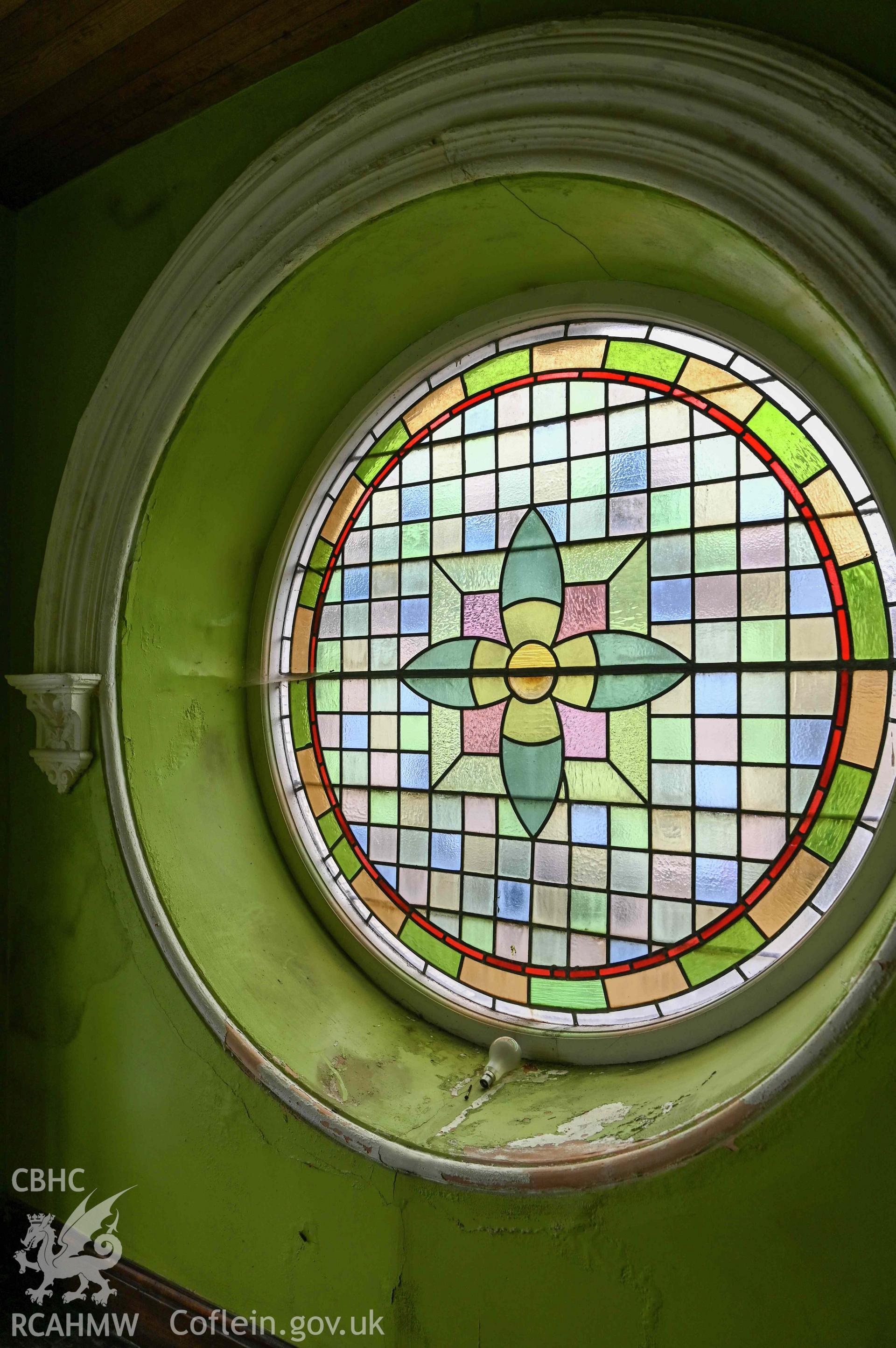 Capel Moreia interior, detail of first floor window in the west façade at top of gallery stairs.