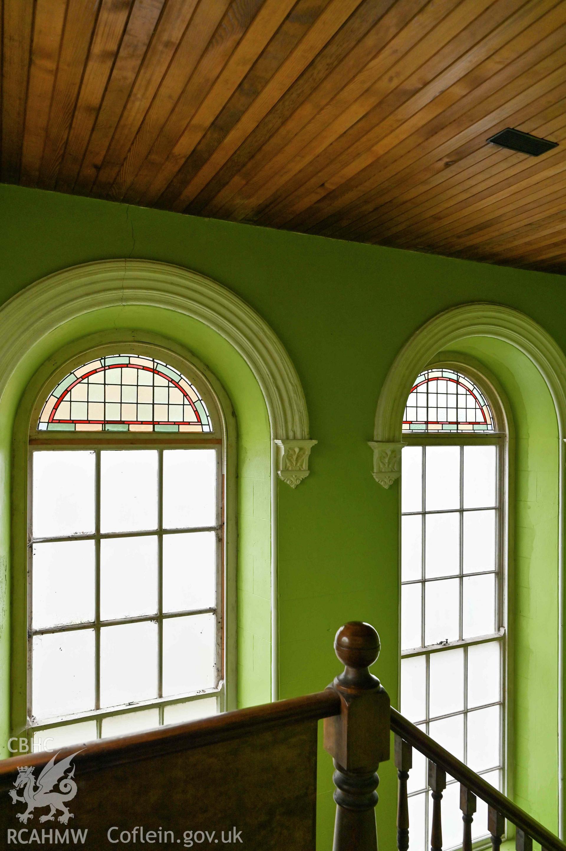 Capel Moreia interior, detail of first floor window in the north elevation at top of gallery stairs.