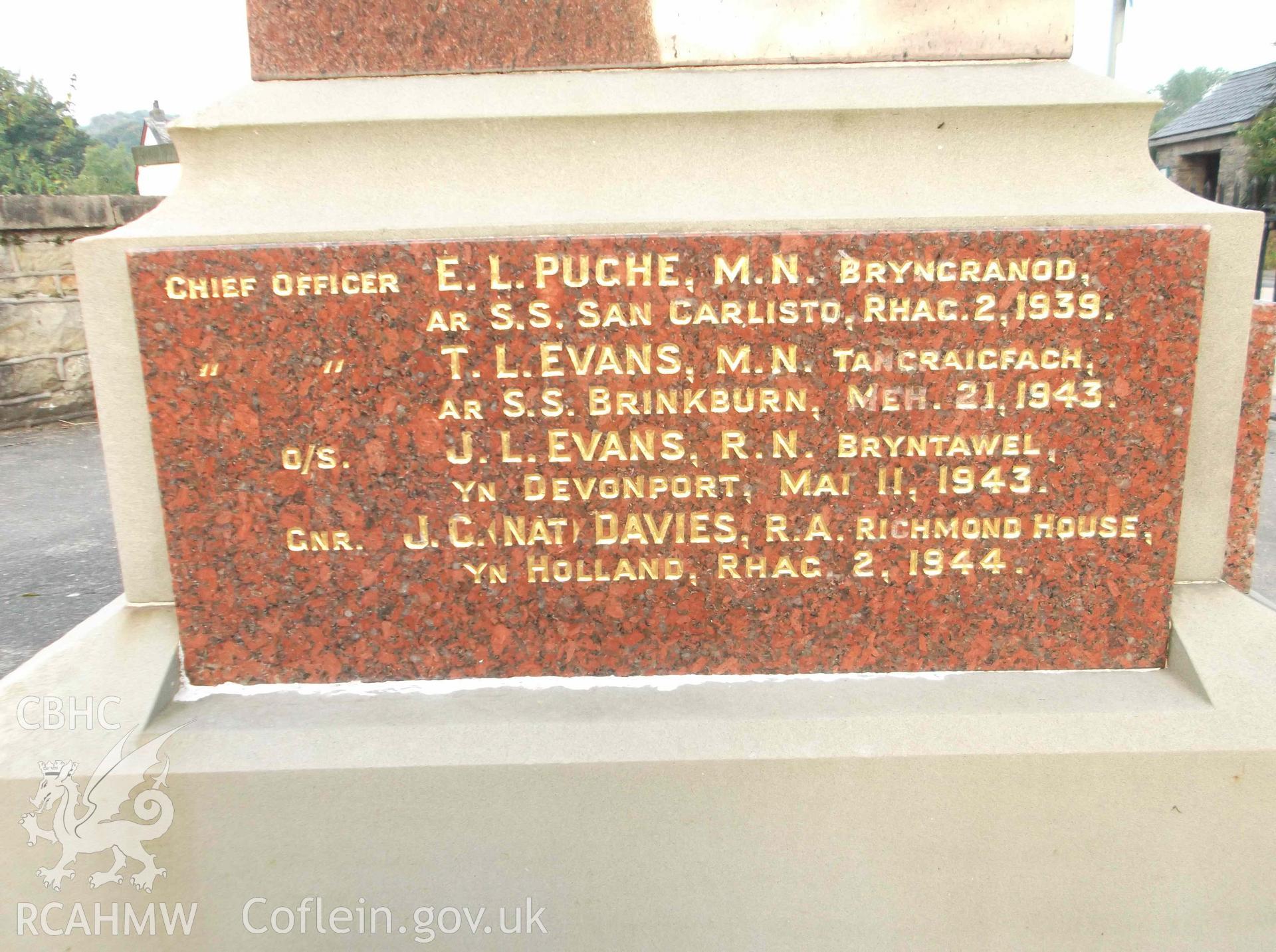 Drefach War Memorial; photograph of lower marble (east) taken 5th October 2015, received in the course of Emergency Recording.