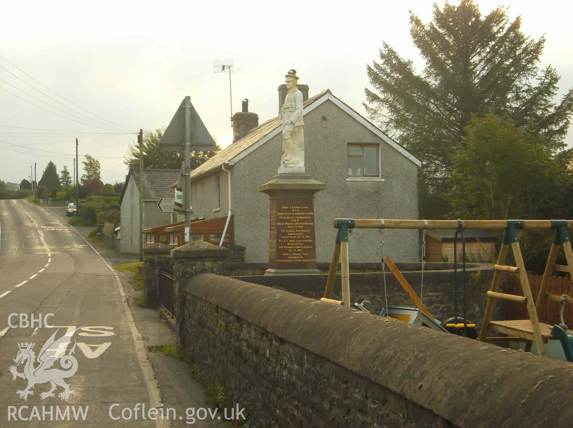 Drefach War Memorial; photograph of statue (west), taken 5th October 2015, received in the course of Emergency Recording.