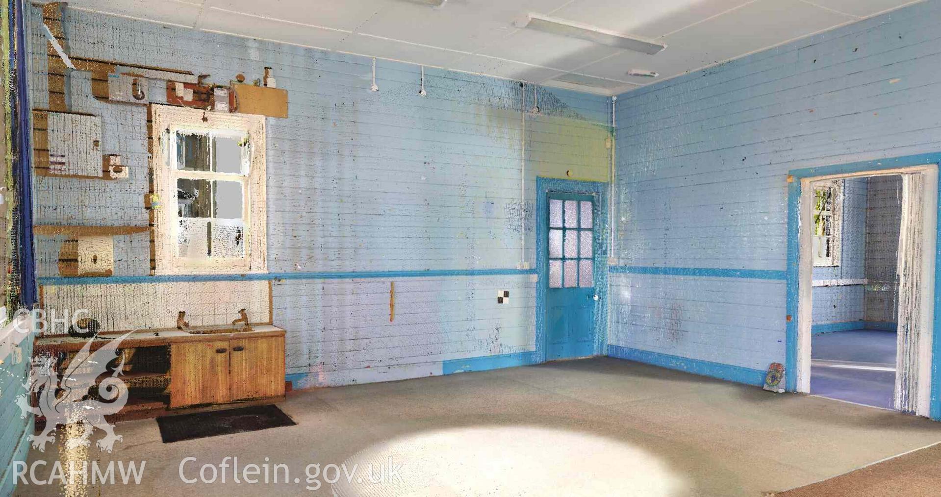 View of classroom 2 looking west. The door on the right hand side of the image leads into classroom 1. The closed door leads into the entrance hall of the school. Image taken from a Terrestrial Laser Scanning Survey of Ysgol Abersoch, Gwynedd, carried out by Dr Jayne Kamintzis, 16/01/2023.