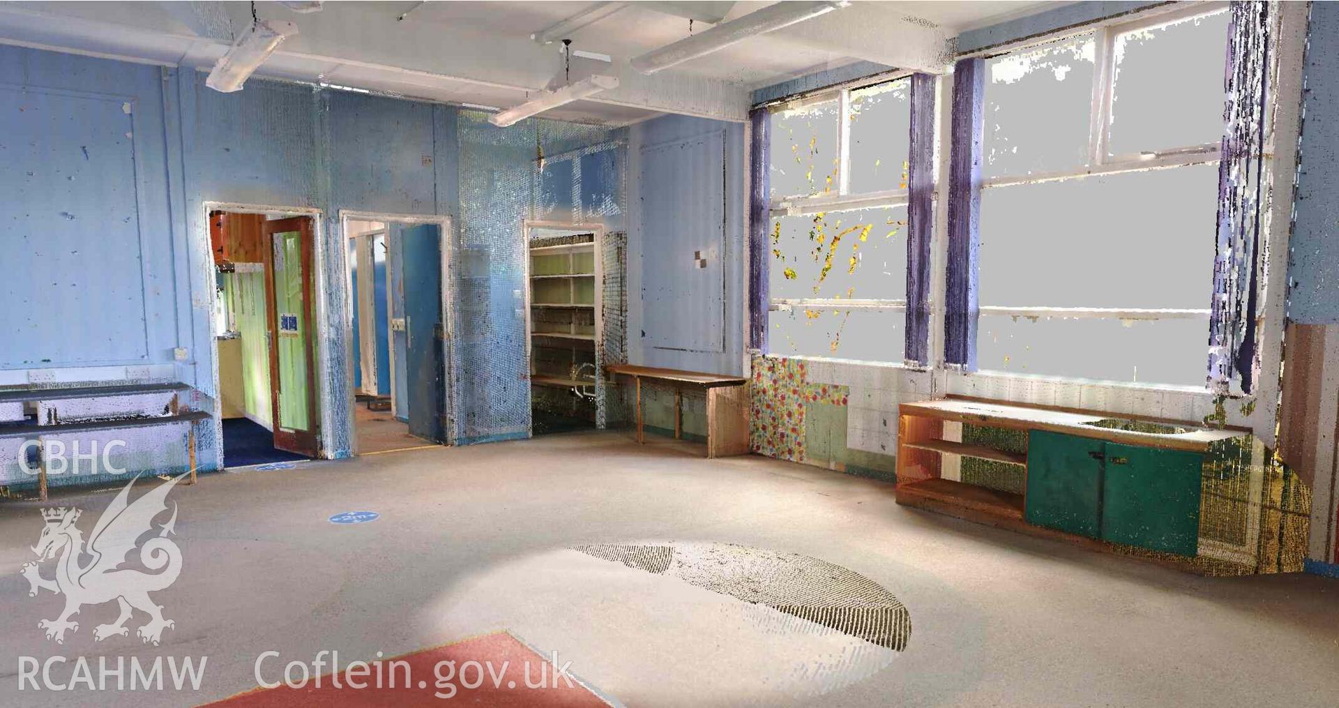 View of classroom 3 looking  north. Left to right doors lead to: staff room, toilets, store cupboard. Image taken from a Terrestrial Laser Scanning Survey of Ysgol Abersoch, Gwynedd, carried out by Dr Jayne Kamintzis, 16/01/2023.
