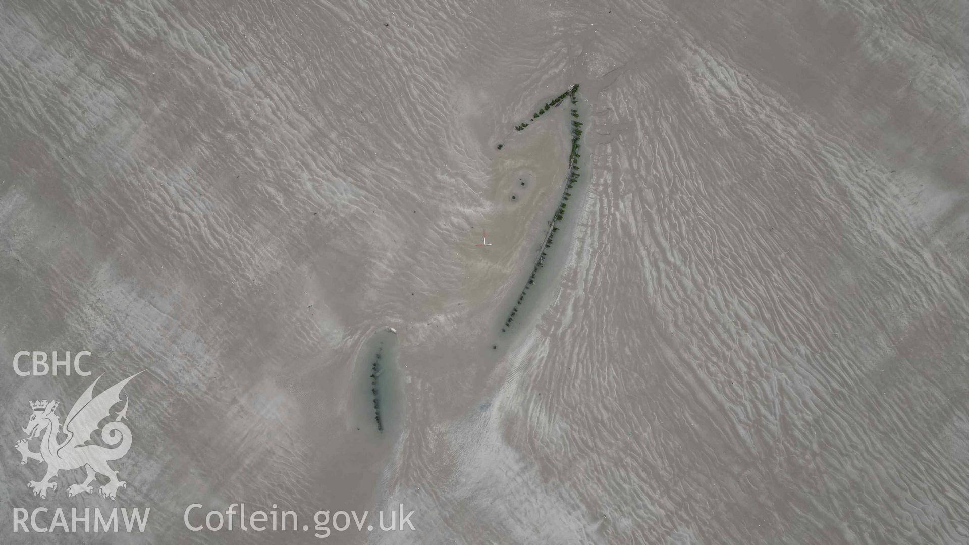Cefn Sidan wreck 3. Overhead view taken on 21/02/2023. North is to the top, scales are 1m. The bow of the ship is to the top-right of the image.